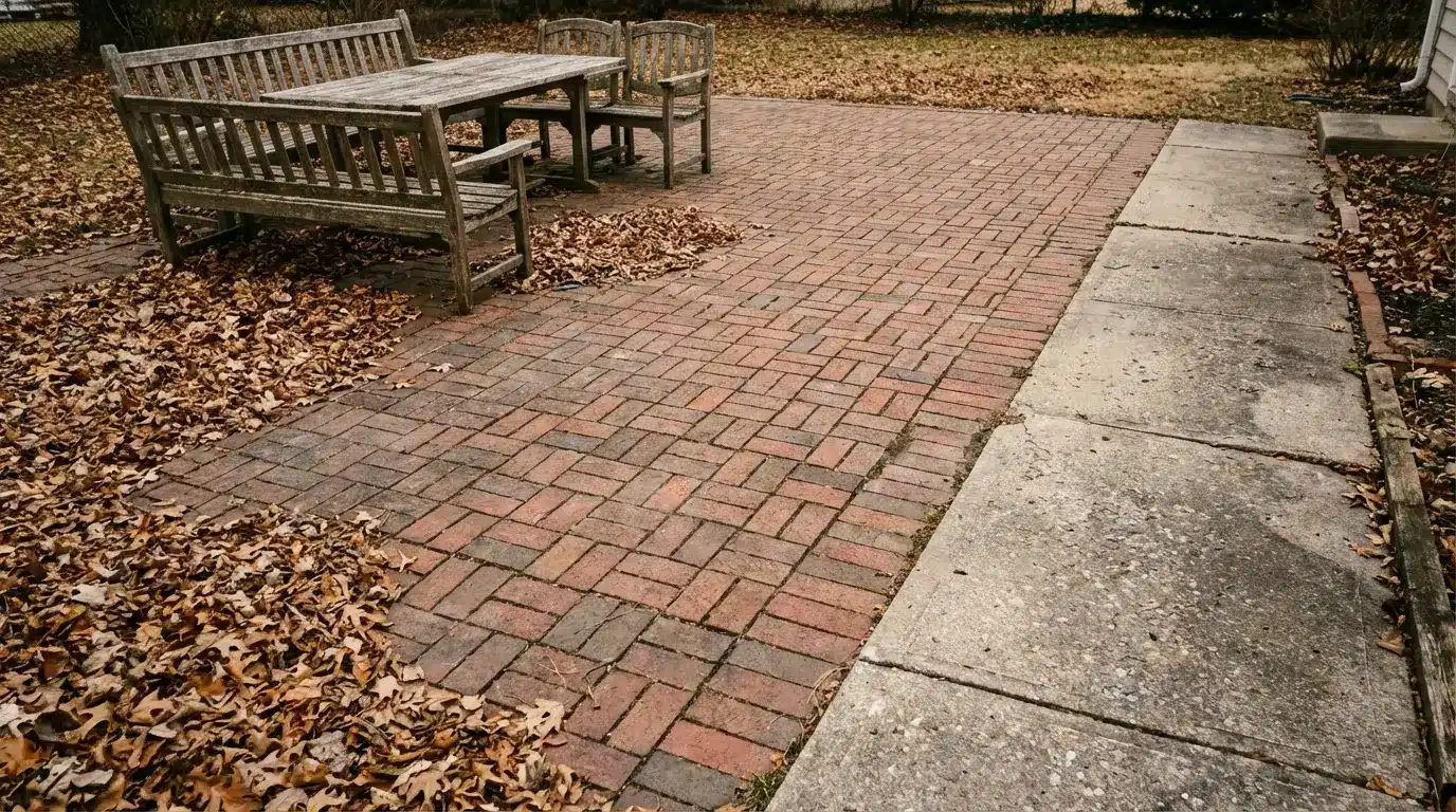 Wooden outdoor furniture on brick patio surrounded by fallen autumn leaves