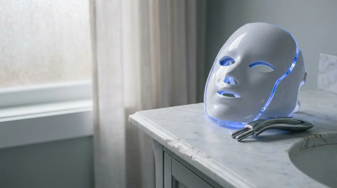 LED face mask with blue glow on marble bathroom countertop