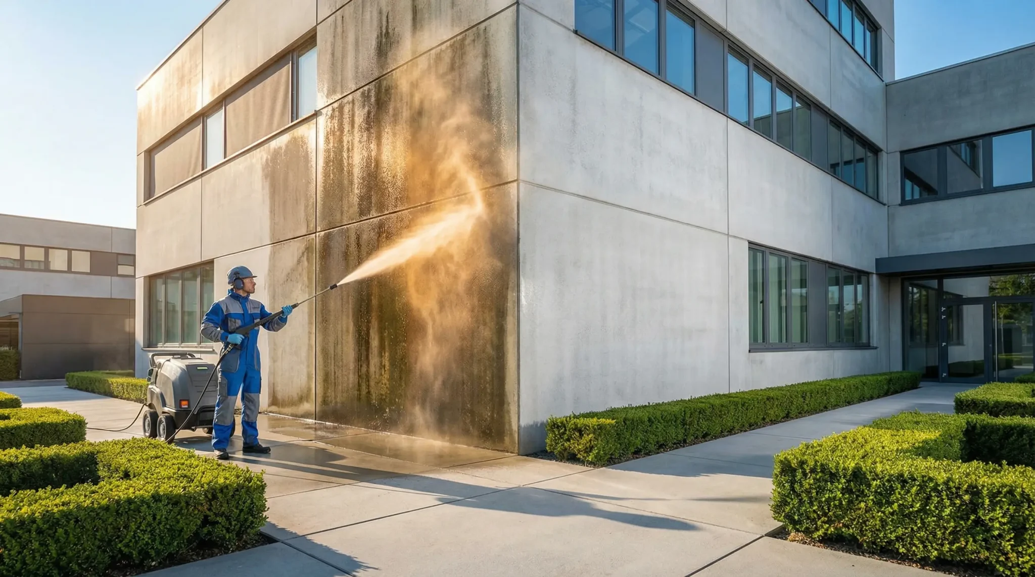 Worker power washing building exterior in sunny courtyard with green hedges