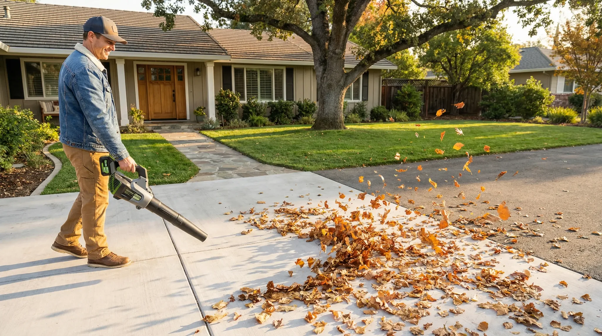 Man using leaf blower on driveway in front of suburban home on a sunny day