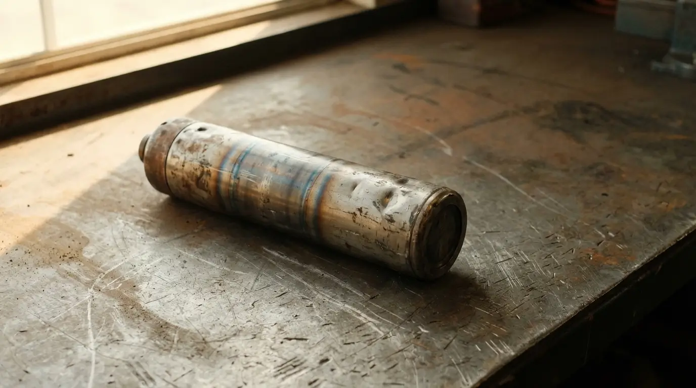 Worn metal cylinder resting on a scratched workbench in warm natural light