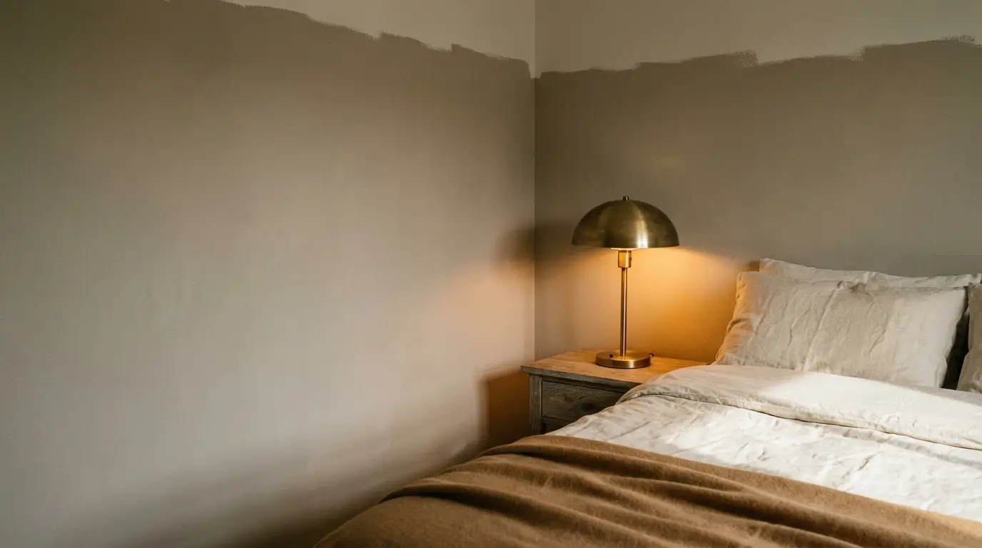 Bed with beige linens beside a wooden nightstand and brass lamp in softly lit bedroom