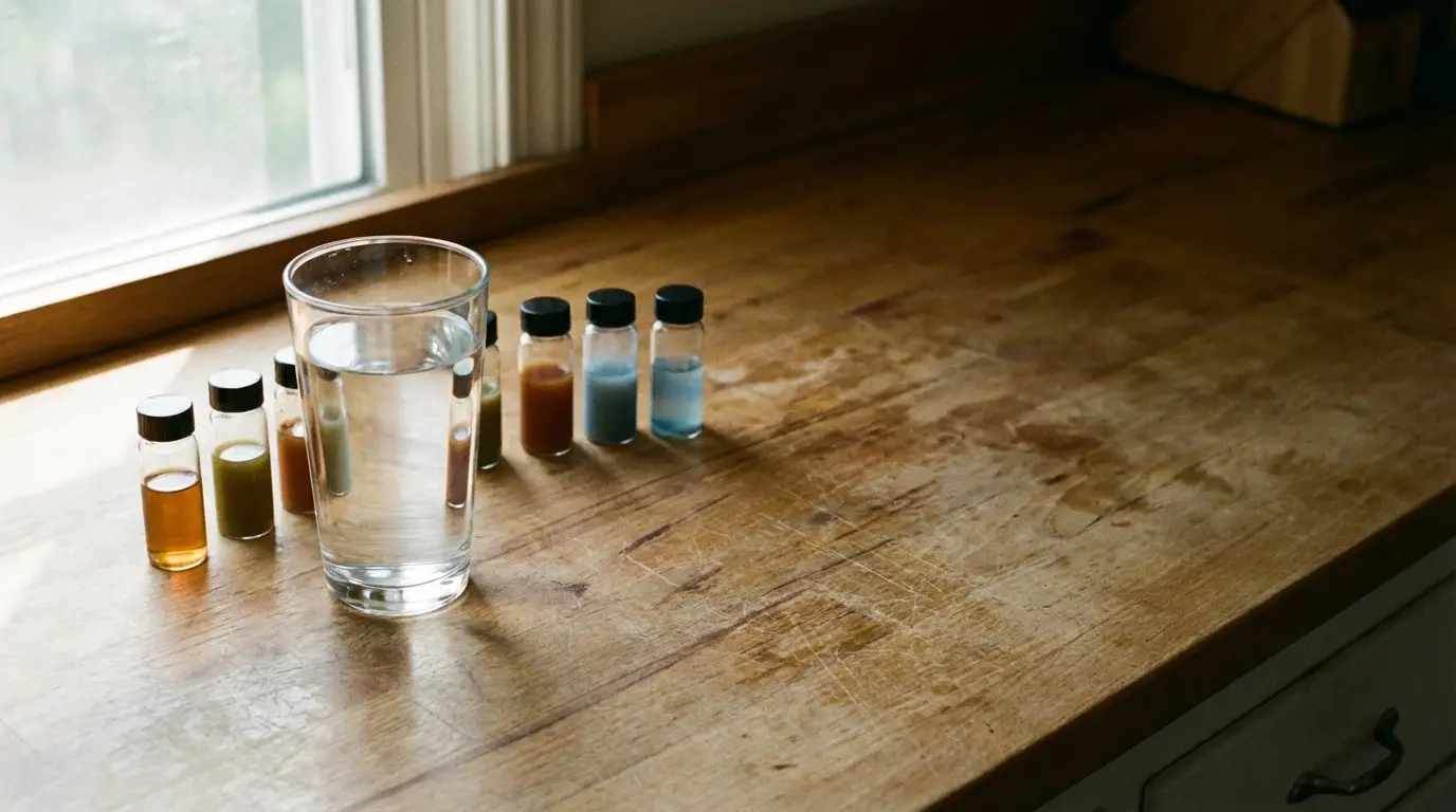 Glass of water and colored sample vials on wooden countertop under soft daylight