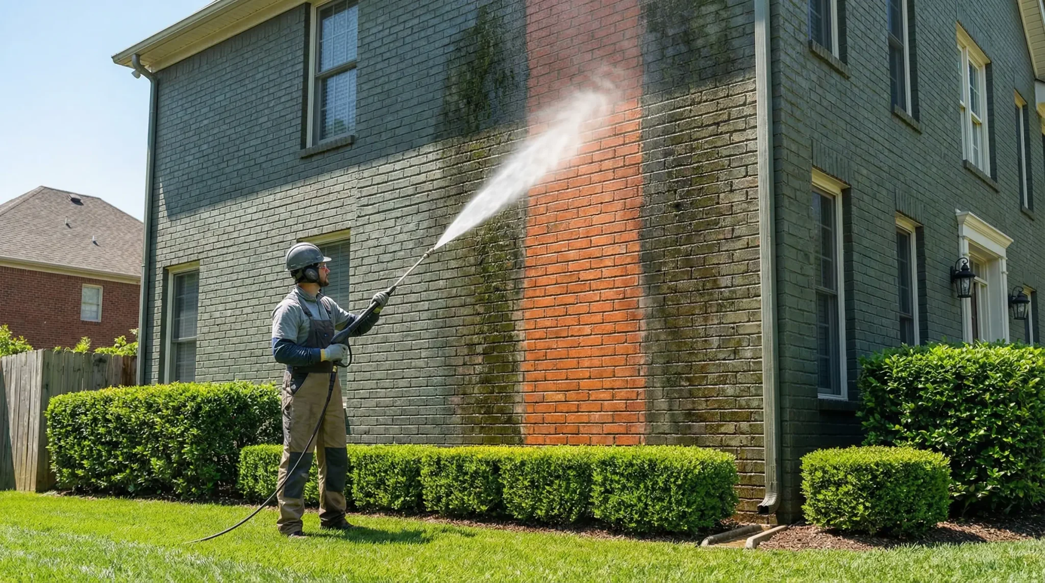 Worker pressure washing brick wall of house in a sunny backyard setting