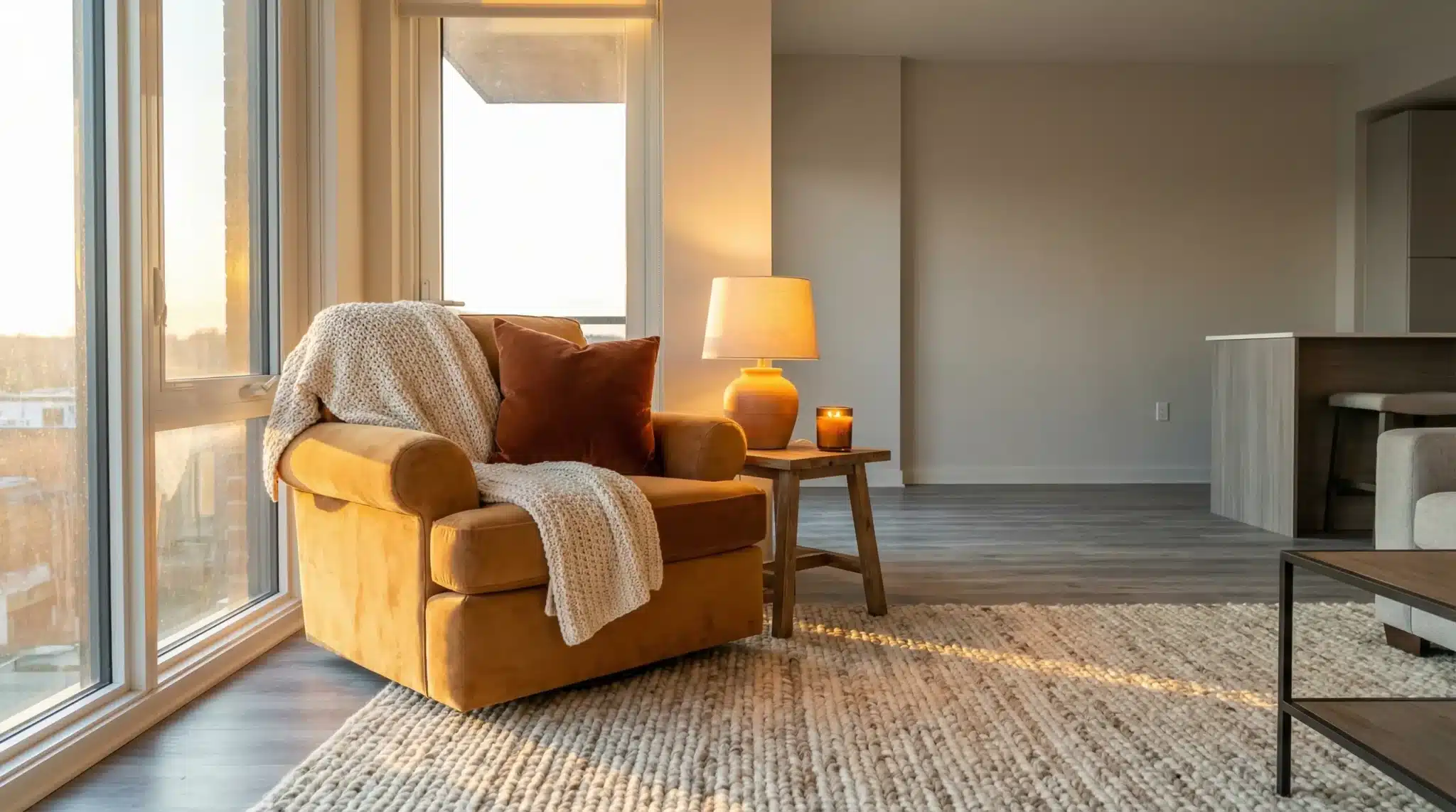 Cozy living room with mustard armchair, throw blanket, and warm lighting from lamp