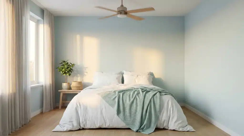 Minimalist bedroom with white bedding, light blue walls, and a small plant on a wooden stool