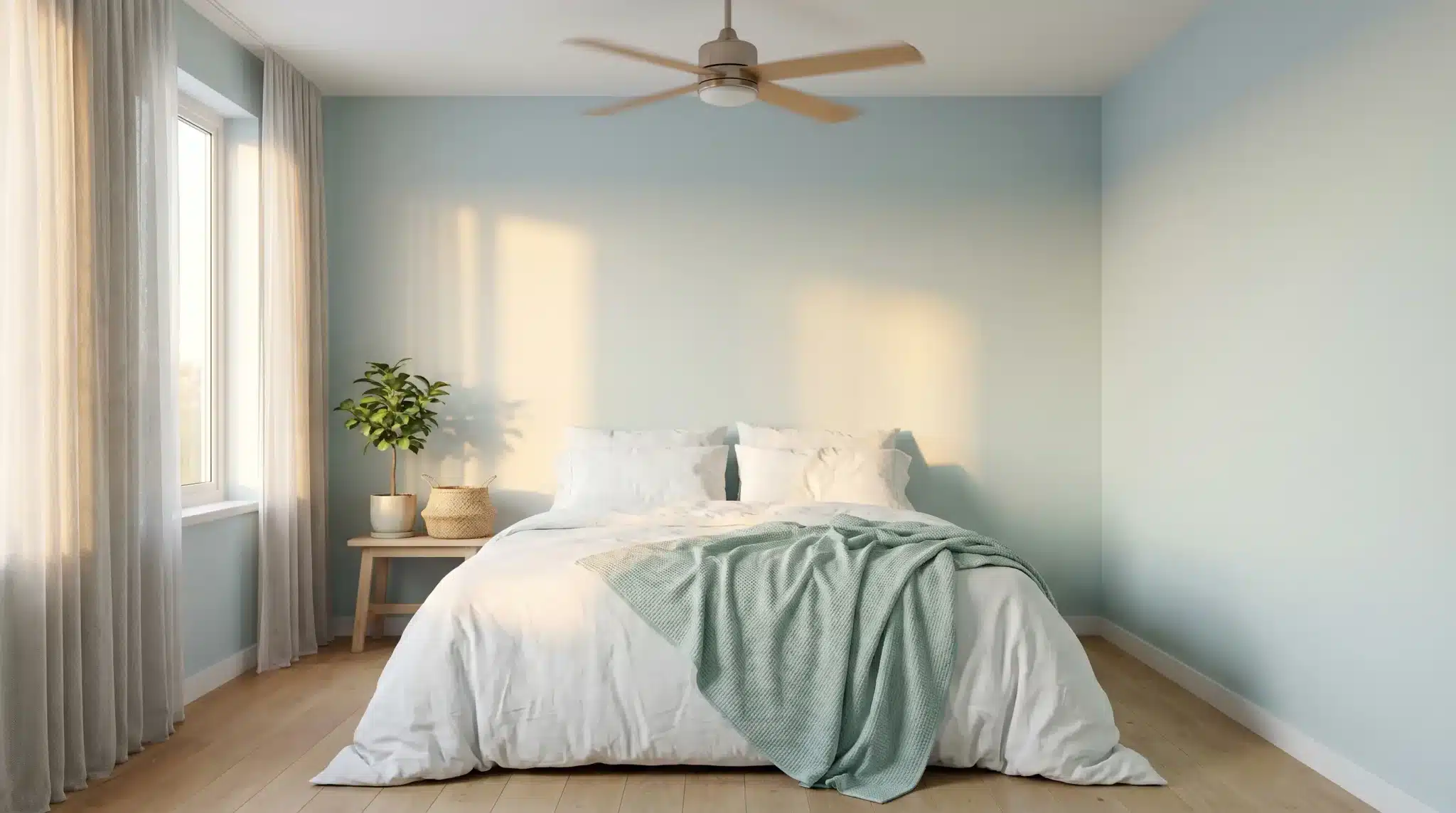 Minimalist bedroom with white bedding, light blue walls, and a small plant on a wooden stool