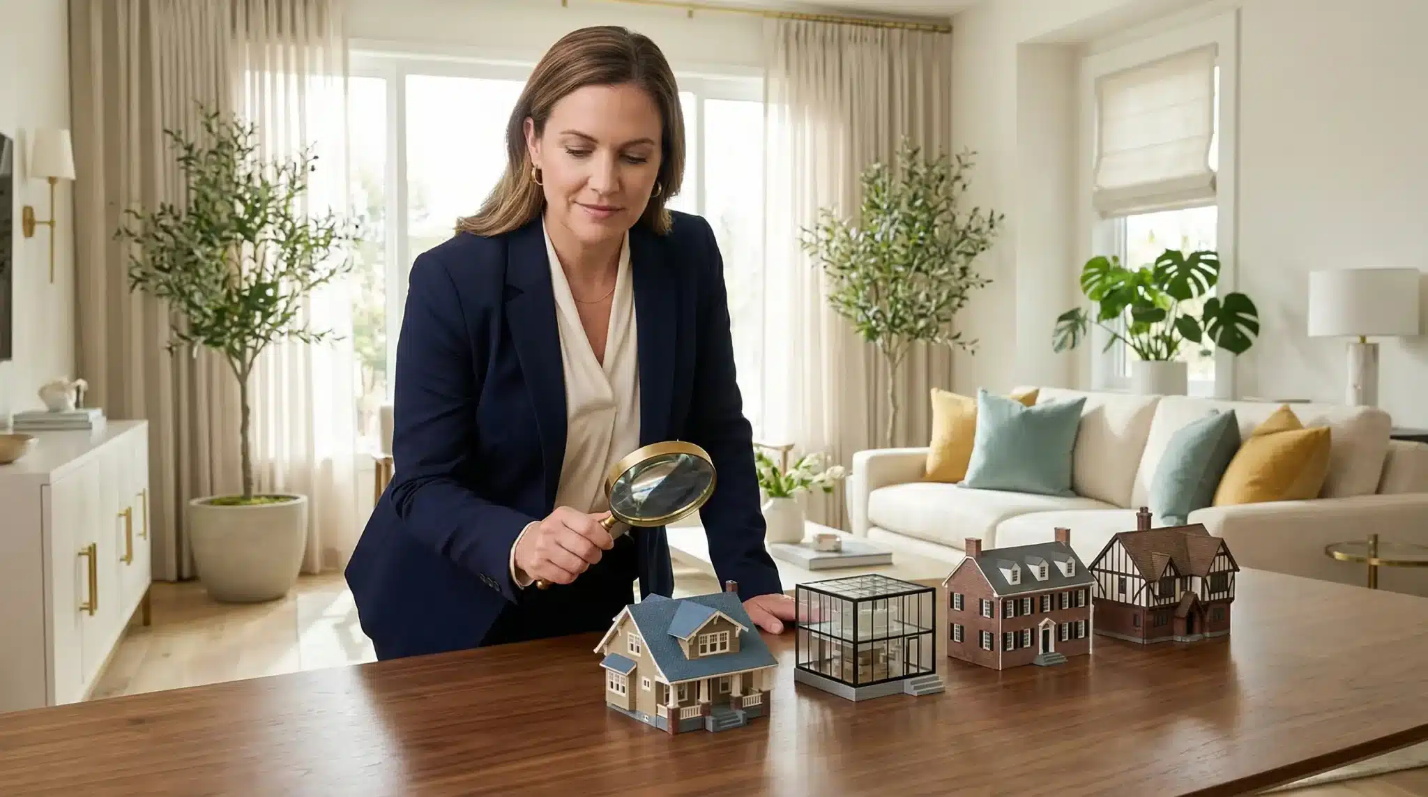 Woman examining miniature house models with magnifying glass in modern living room