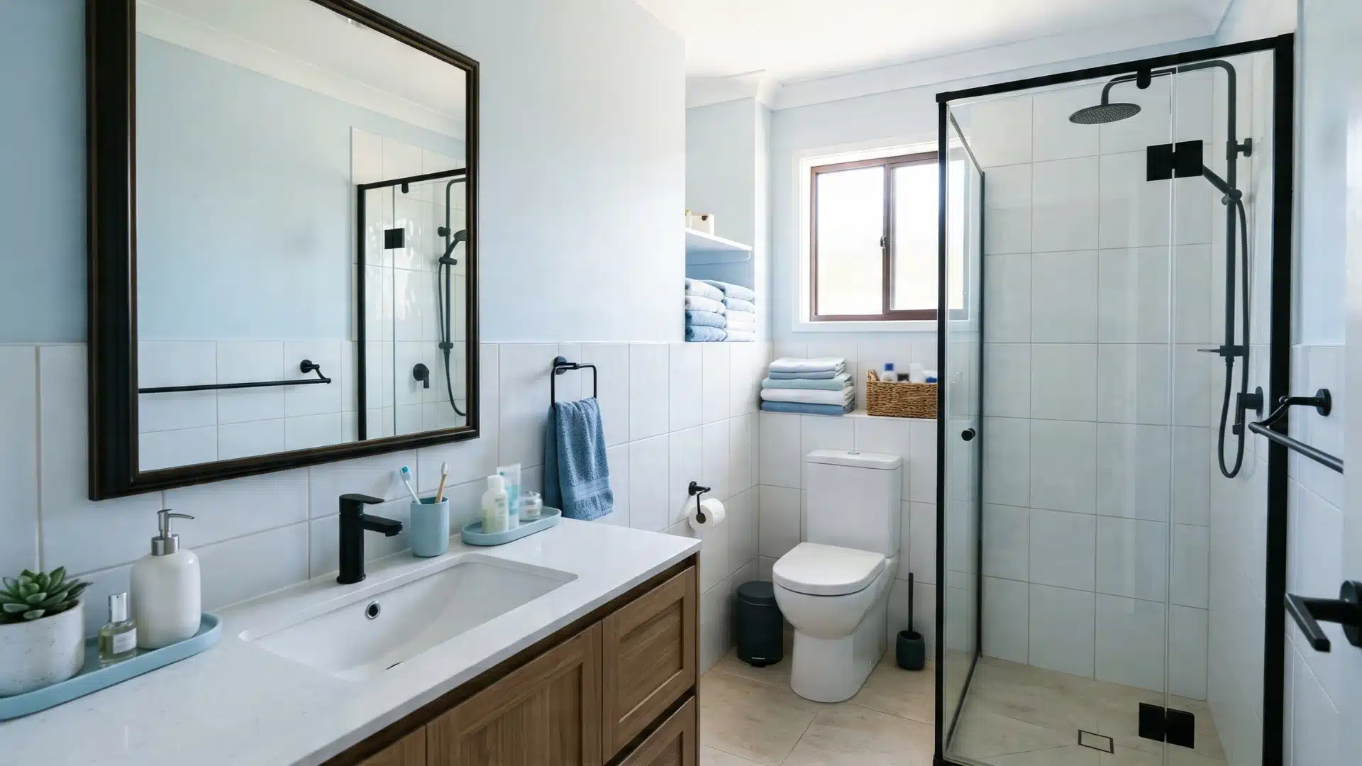 A bathroom featuring a shower, toilet, and sink, with neutral-colored tiles and modern fixtures
