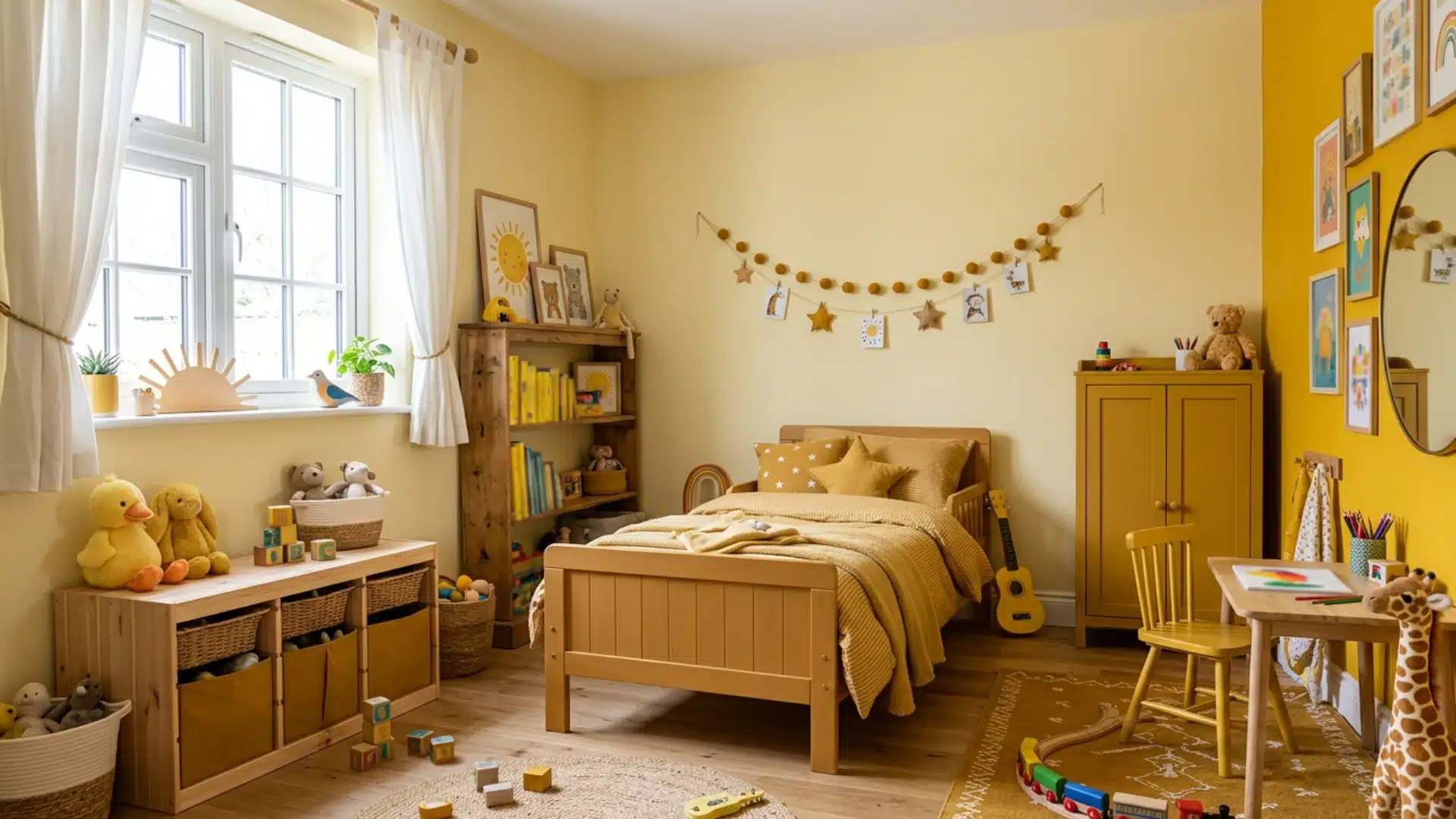 A bright yellow bedroom featuring a bed, dresser, and scattered toys, creating a cheerful and playful atmosphere