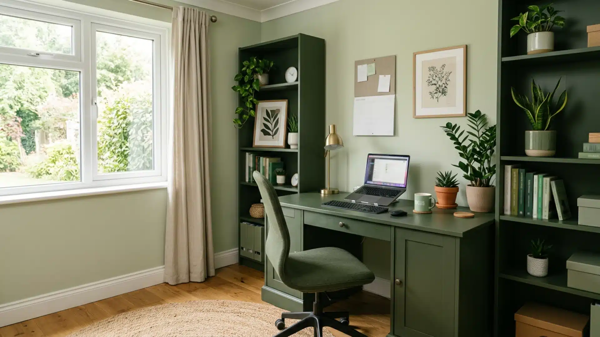 A home office featuring sage green walls, dark green built-in desk and shelving filled with plants and books, a laptop, and a large window overlooking greenery