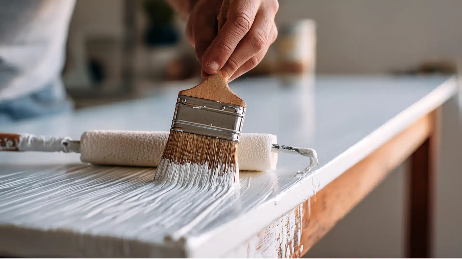 A person uses a wooden brush to apply thick white paint to a smooth surface next to a white paint roller in soft light