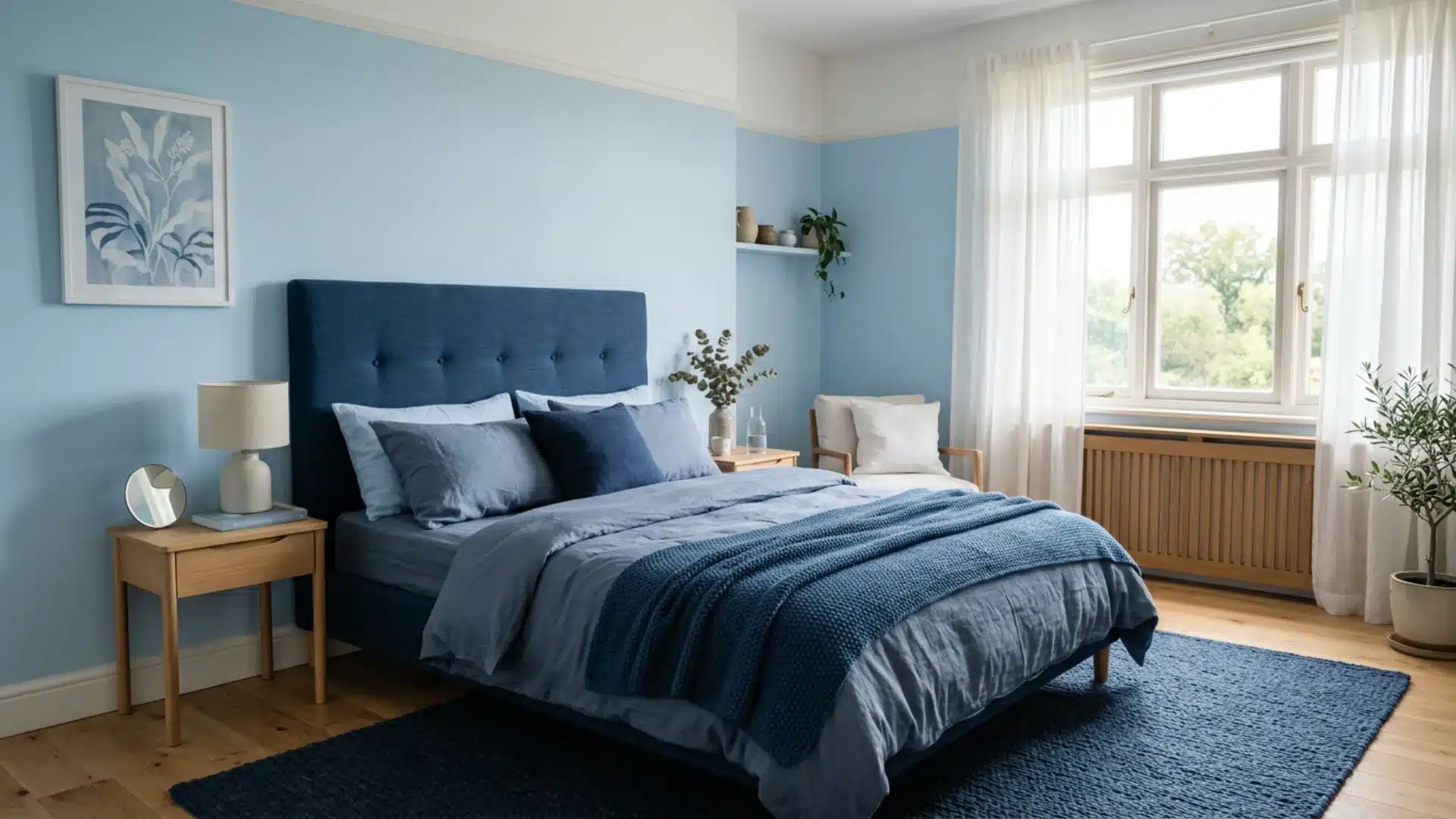 A serene bedroom featuring light blue walls, a navy blue upholstered bed with matching linen bedding, light wood furniture, and a large window with sheer white curtains