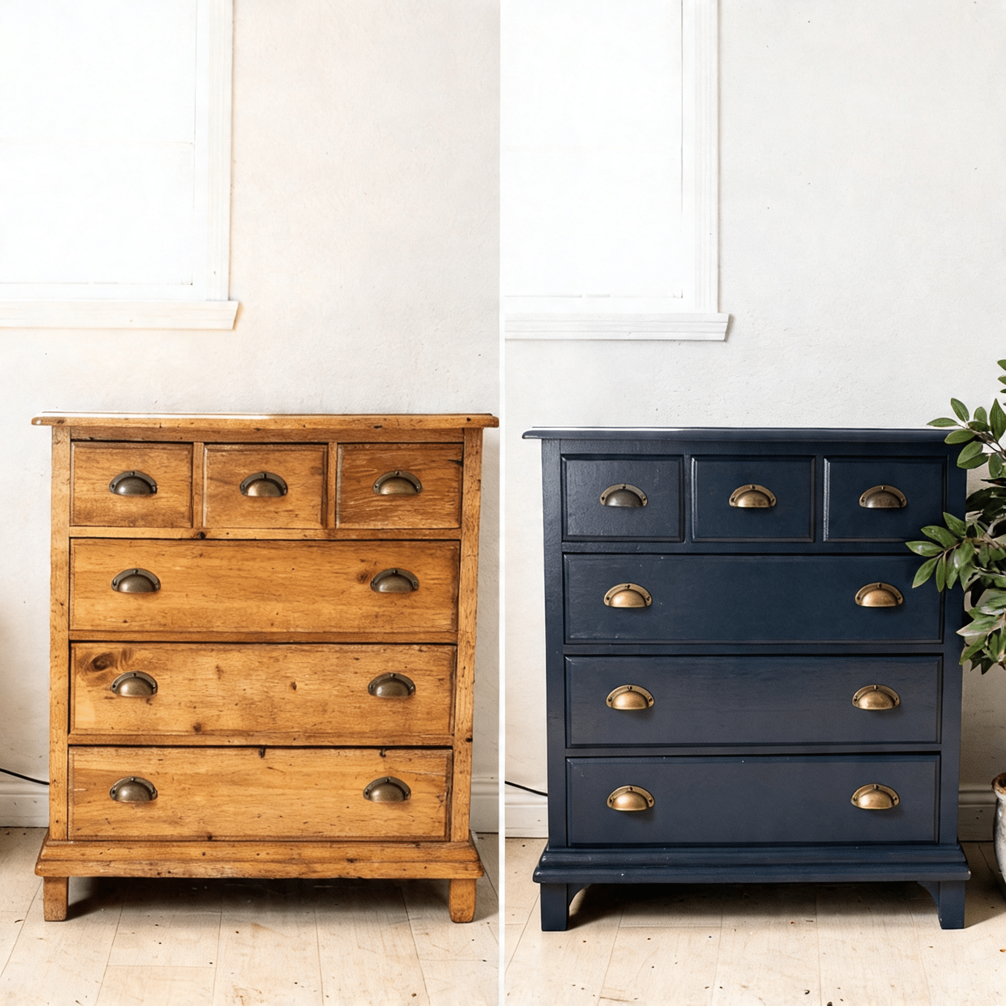 A split image shows a wooden dresser before and after being painted dark blue to give it a fresh look in a bright room