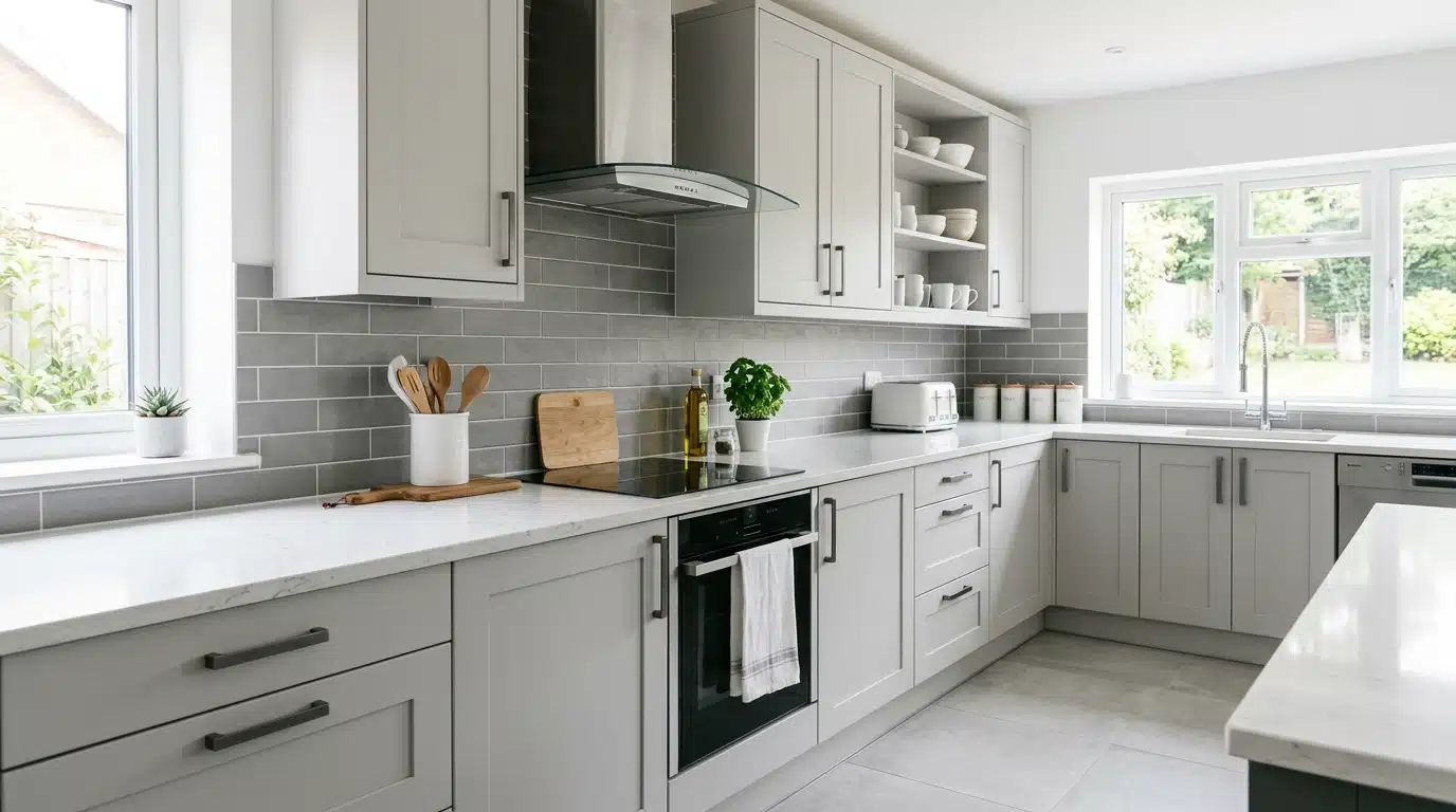 Contemporary kitchen featuring light grey shaker cabinets, white quartz countertops, a grey subway tile backsplash, and stainless steel appliances visible