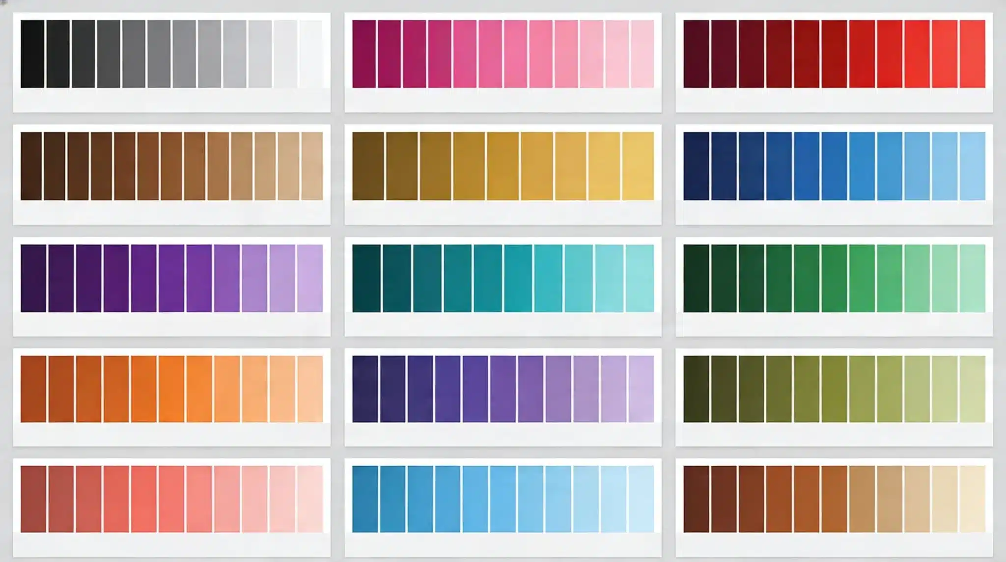 Fifteen rectangular color palettes showing gradients across the spectrum including grayscale, pinks, reds, browns, golds, blues, purples, teals, and greens