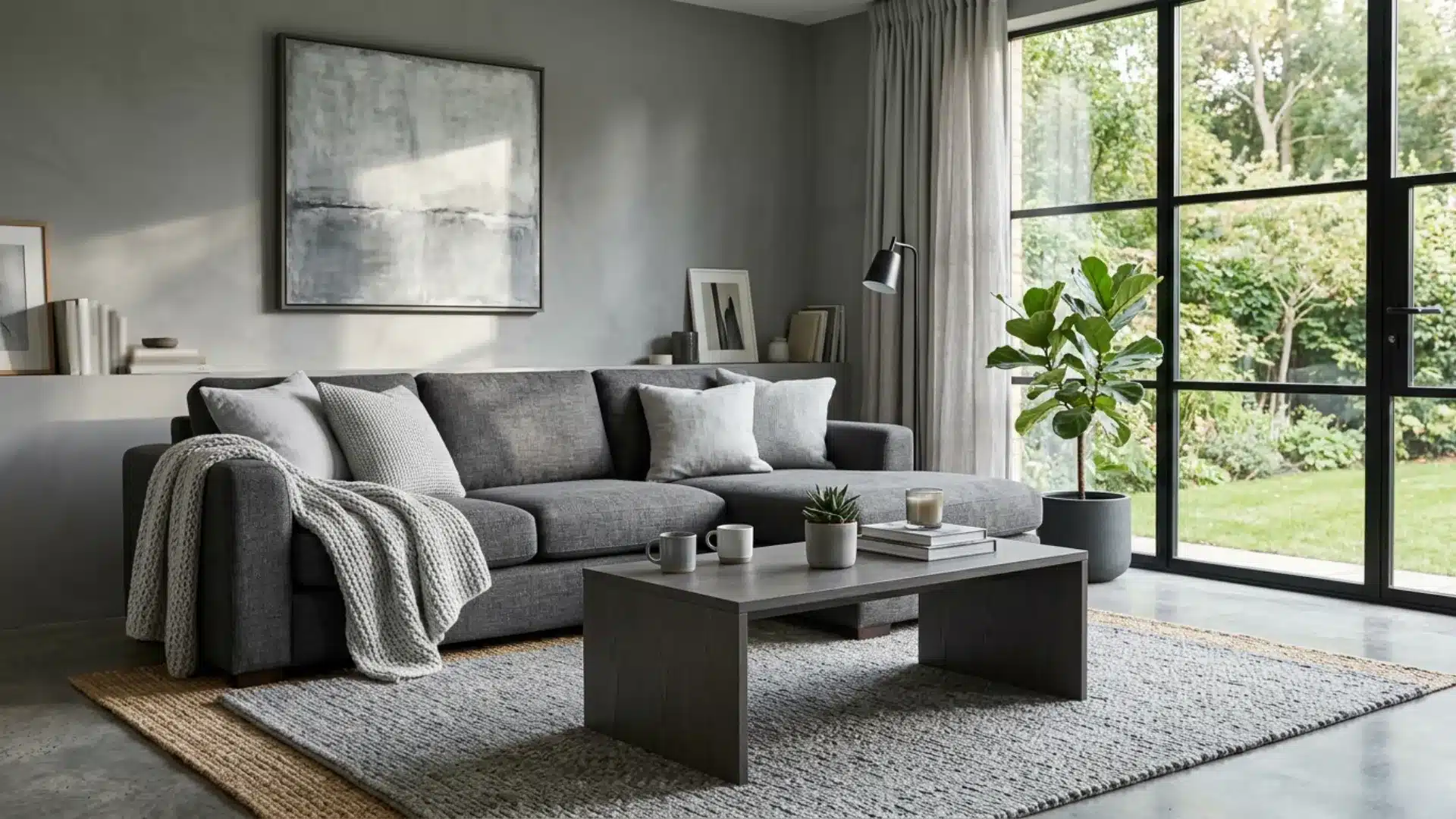 Modern living room featuring a dark gray sectional sofa, rectangular coffee table, abstract gray wall art, and large black-framed windows overlooking a green garden