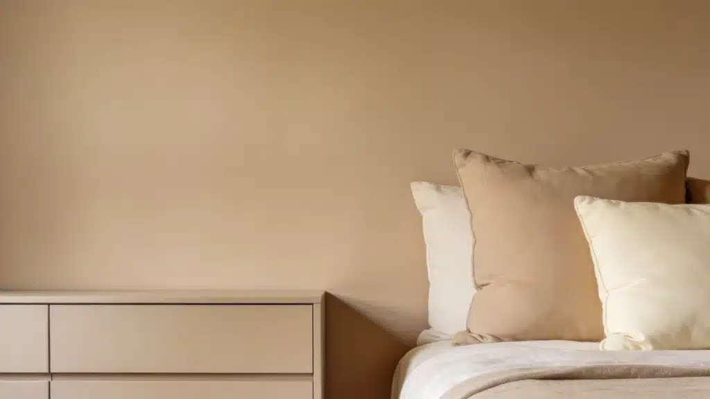 A bedroom with Benjamin Moore Manchester Tan walls, neutral bedding, soft beige pillows, and minimalist decor