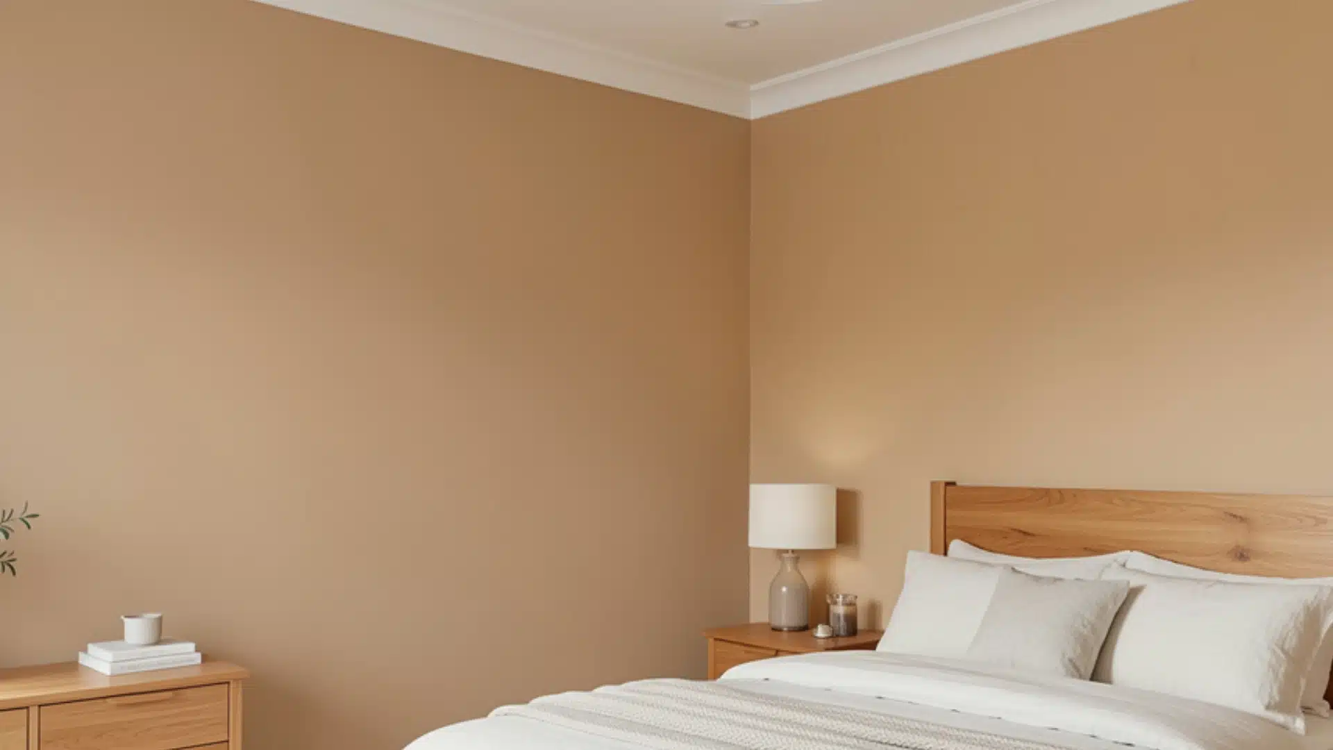 A bedroom with Manchester tan walls, white ceiling, wooden bed and side tables, soft white bedding, and simple decor