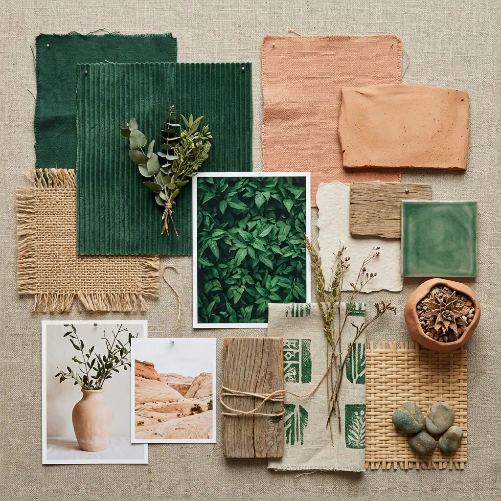 A collection of green and tan materials alongside various plants, showcasing a natural and earthy aesthetic