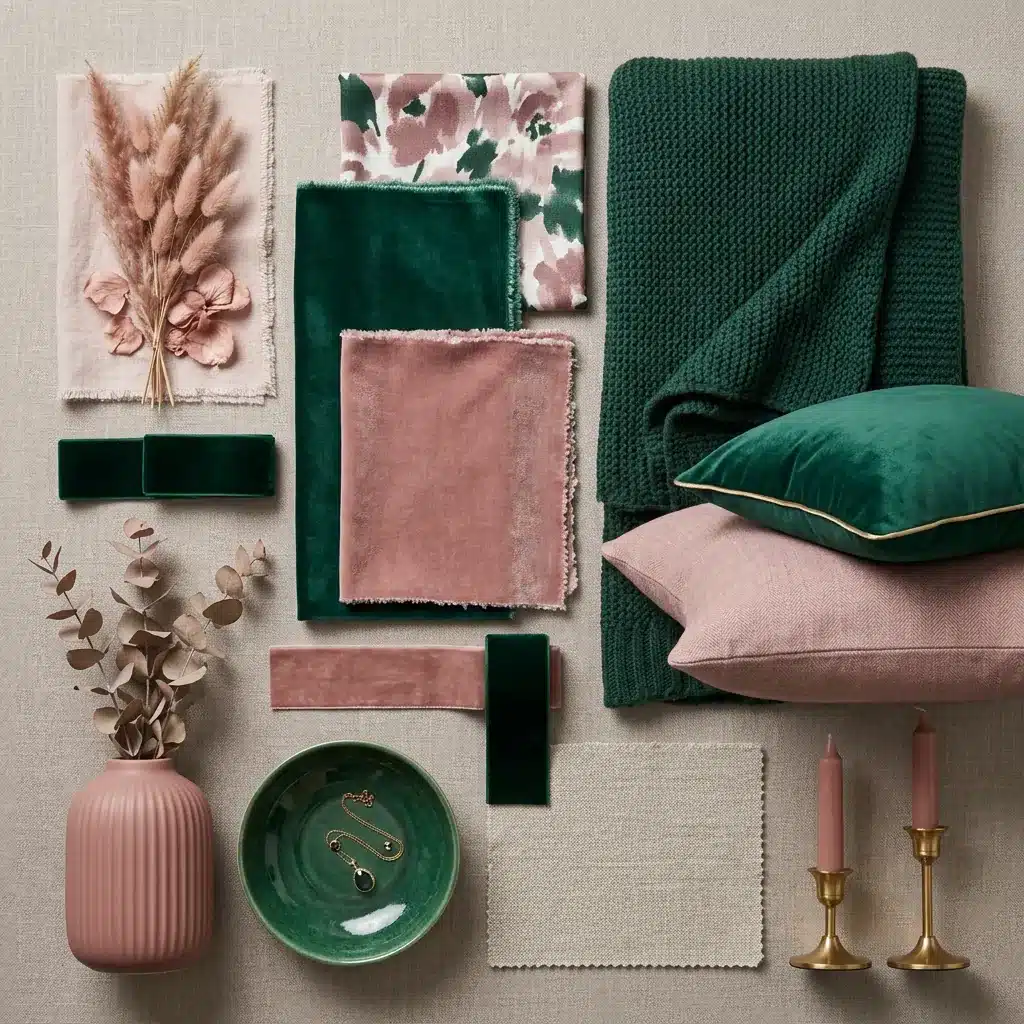 A cozy arrangement featuring green and pink pillows, candles, and decorative accessories on a stylish surface