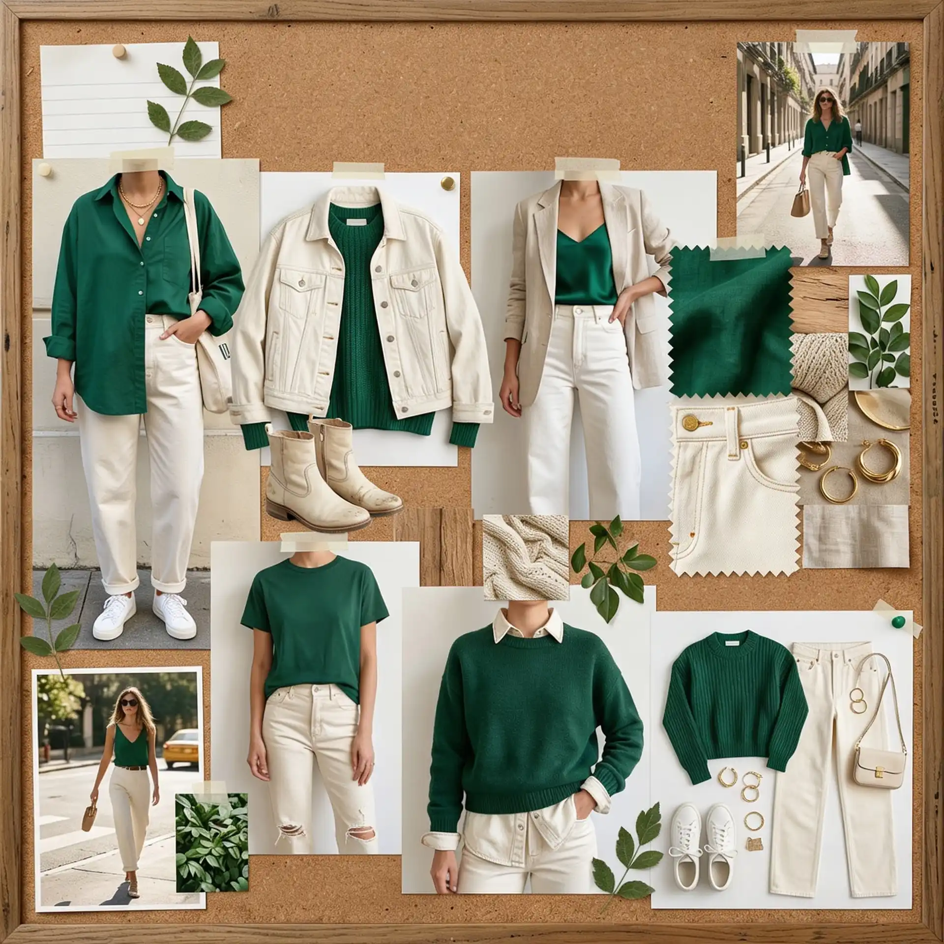 A fashion mood board displayed on a corkboard showcases various outfits centered on emerald green tops paired with cream or off-white trousers, denim, and accessories