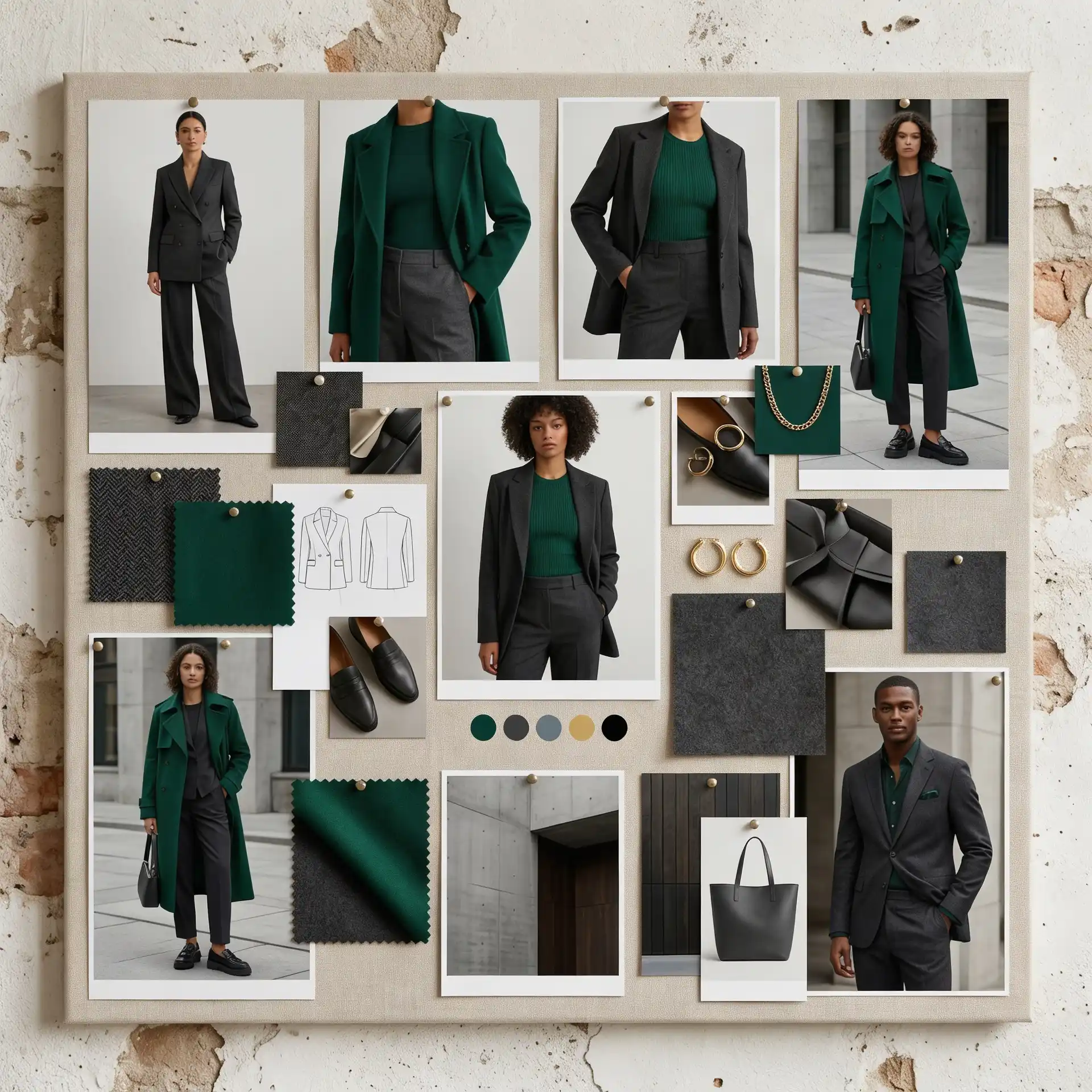 A fashion mood board displays tailoring samples, fabric swatches in charcoal gray and deep emerald green, and photographs of models wearing coordinated dark suits and green tops against a distressed white brick background