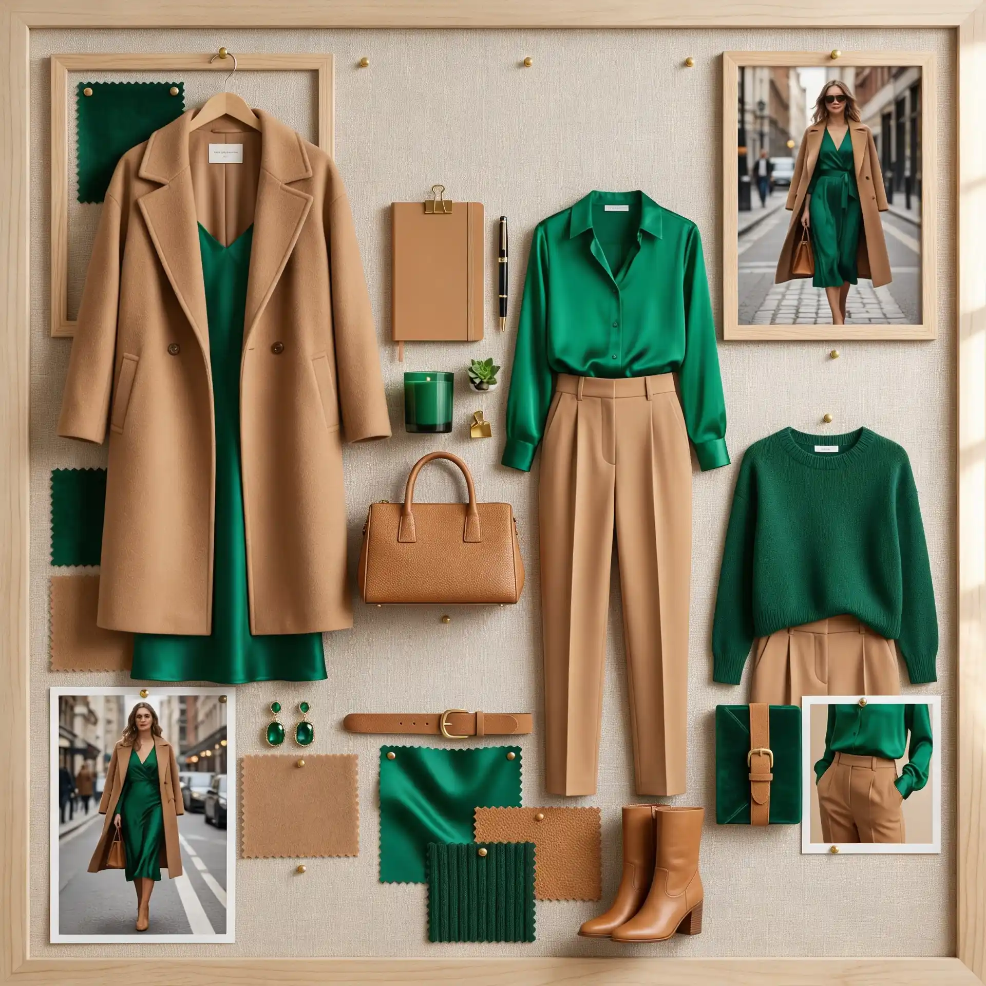 A flat lay style mood board displaying a fall:winter capsule wardrobe featuring camel coat, green silk blouse and dress, tan trousers, brown leather accessories, and emerald green accents