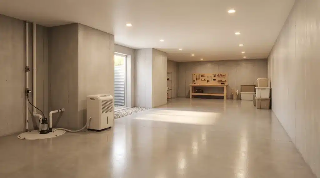 Spacious basement workshop with concrete walls, workbench, storage bins, and dehumidifier under ceiling lights
