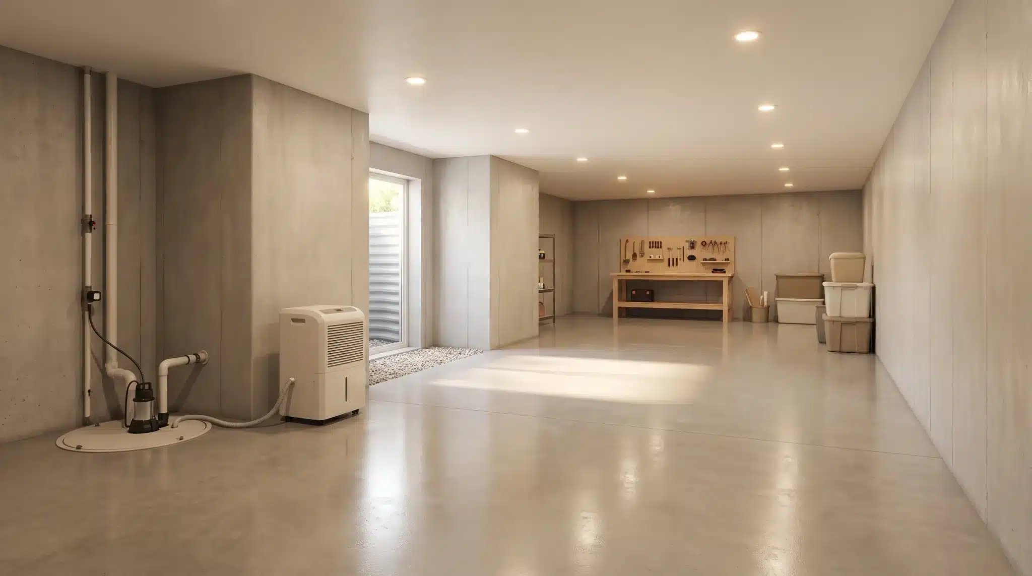 Spacious basement workshop with concrete walls, workbench, storage bins, and dehumidifier under ceiling lights