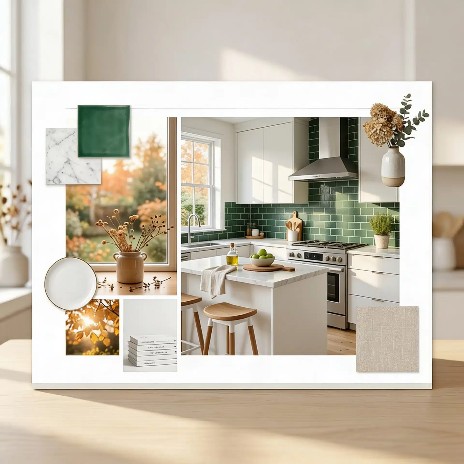 A kitchen design mood board featuring white cabinetry, green subway tile backsplash, a marble island, and autumnal accents like dried flowers and fall foliage imagery