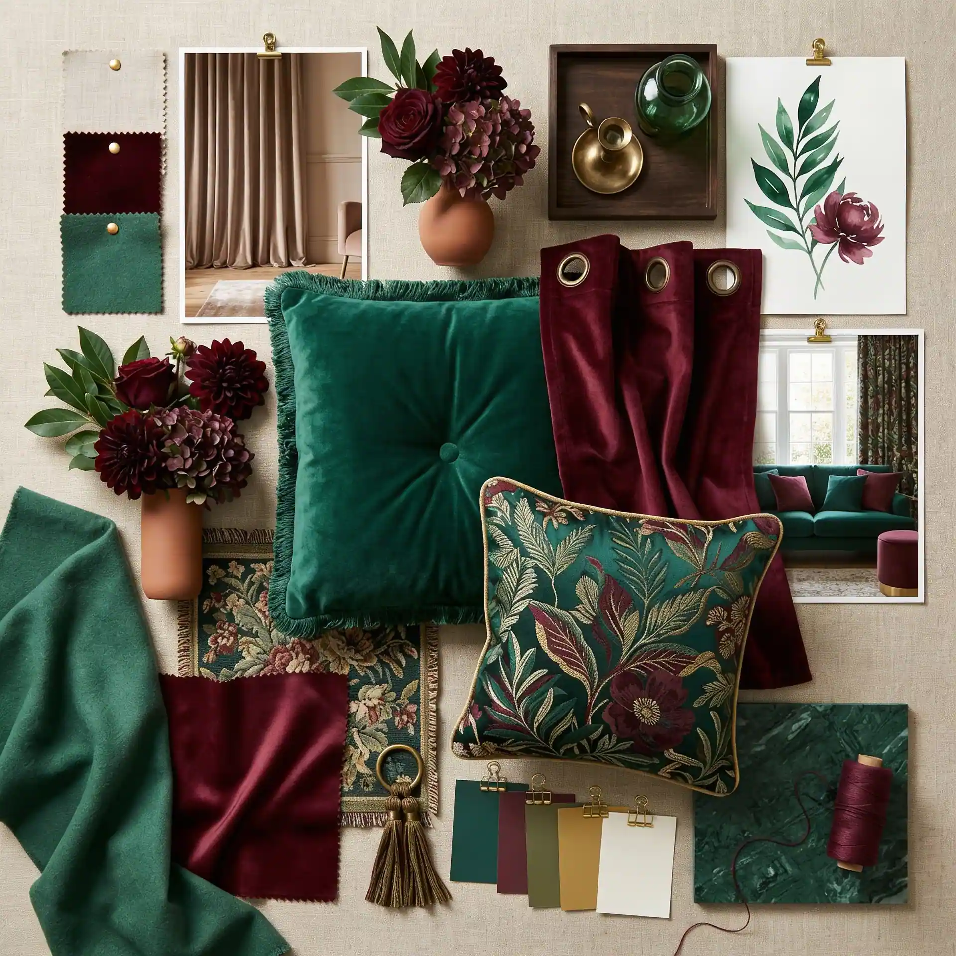 A luxury interior design mood board featuring rich emerald green and deep burgundy velvet textiles, floral arrangements, tassels, and color swatches on a light fabric background