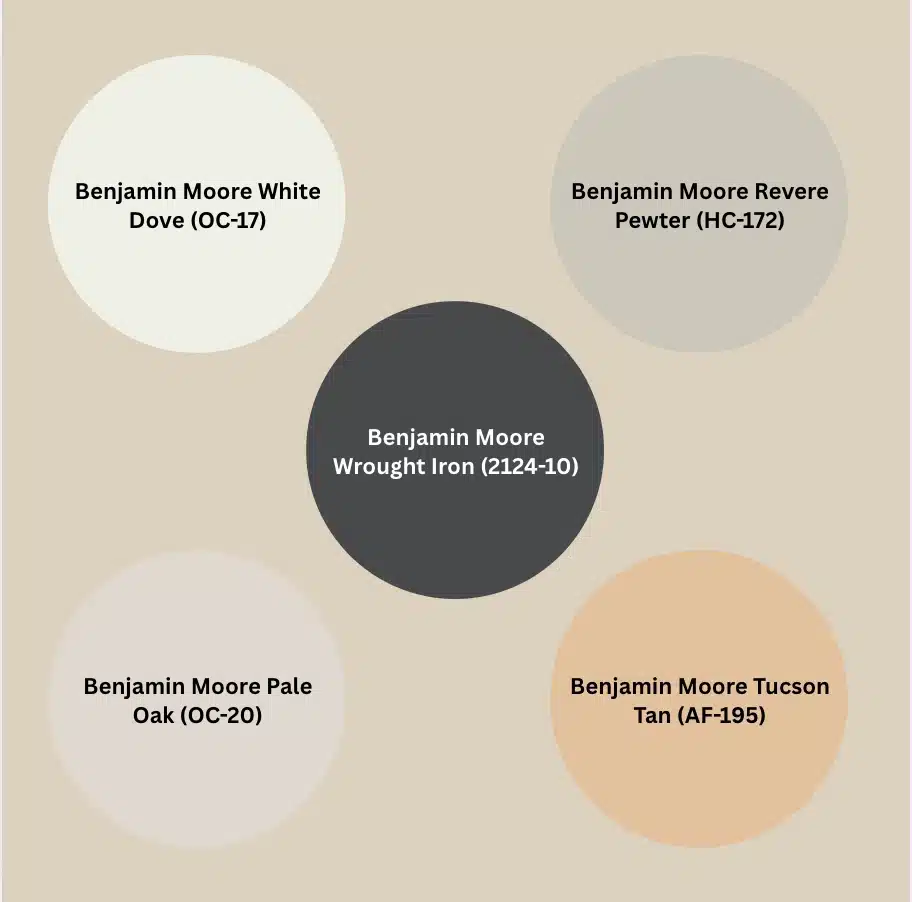 A Manchester tan color palette with Wrought Iron center and White Dove, Revere Pewter, Pale Oak, and Tucson Tan arranged around it