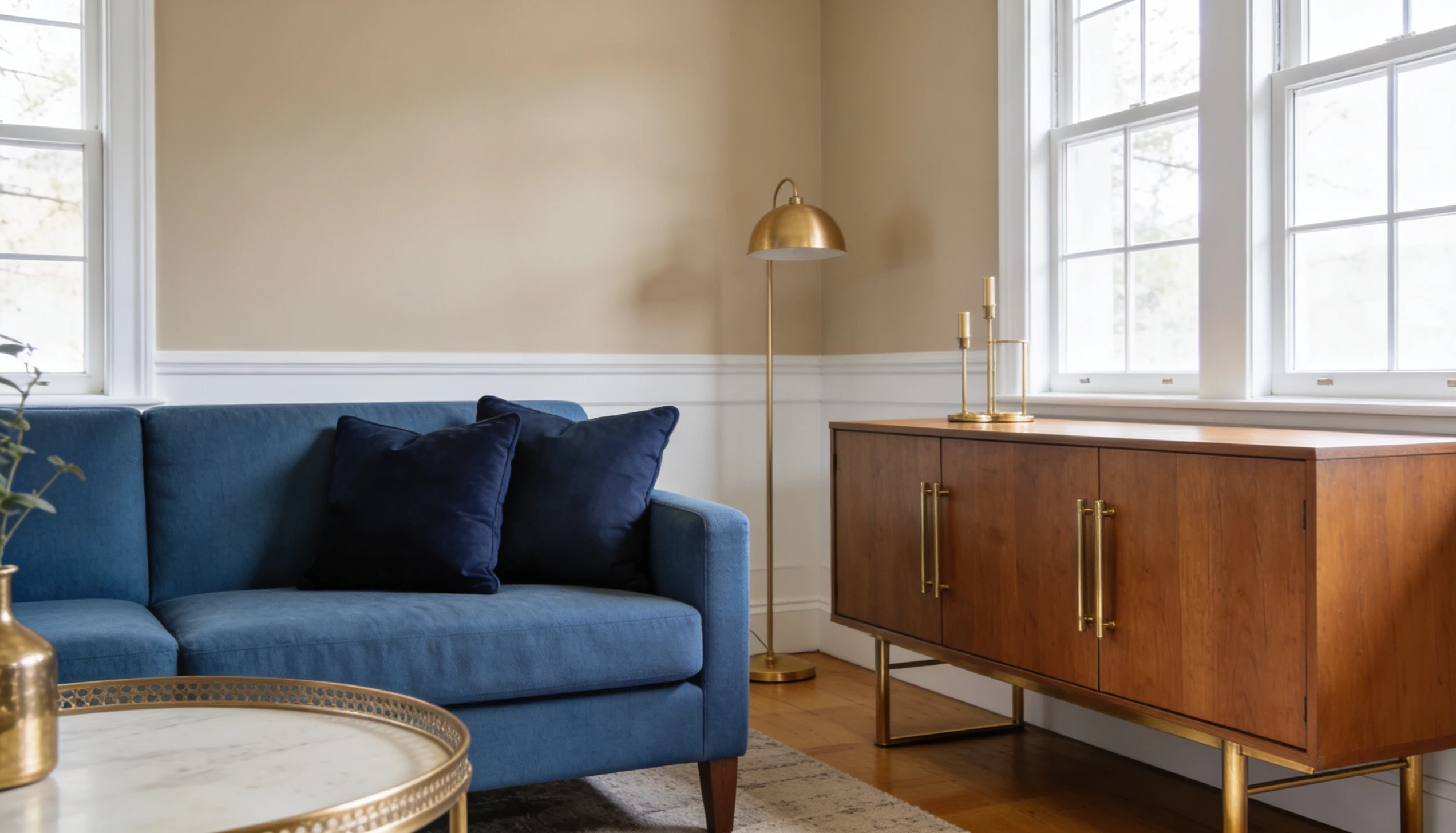 A minimal living room with Manchester tan walls, white trim, blue sofa with dark pillows, wood cabinet, brass lamp, and bright windows