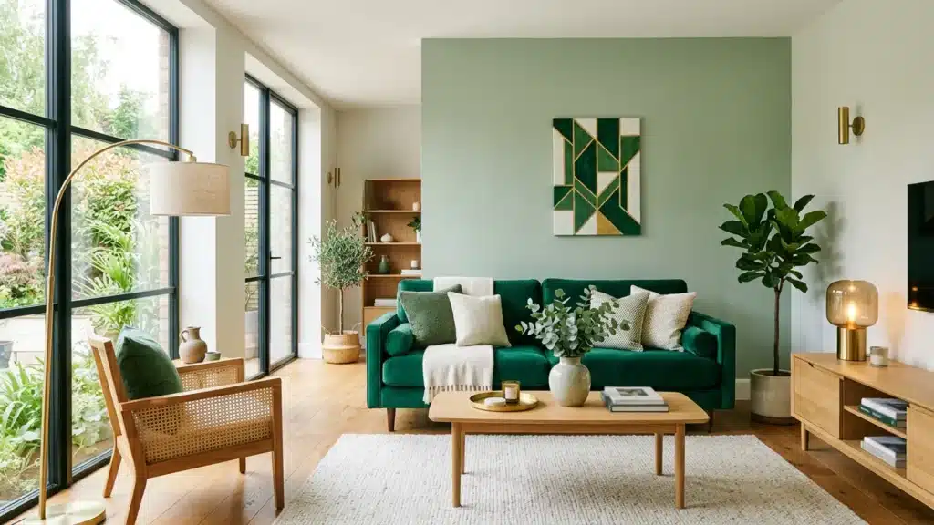 A modern living room featuring a deep green velvet sofa against sage green walls, accented by natural wood furniture and large black-framed windows overlooking greenery