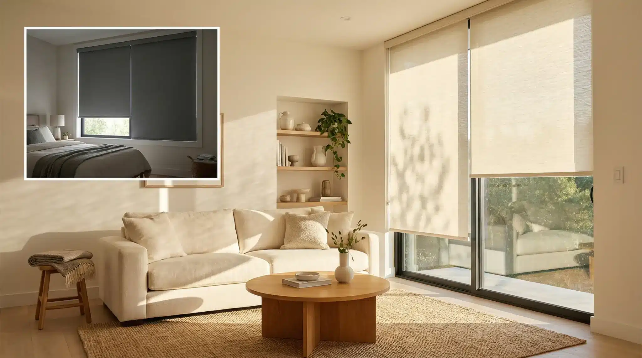 Living room with beige sofa, round wooden table, and light-filtering roller shades
