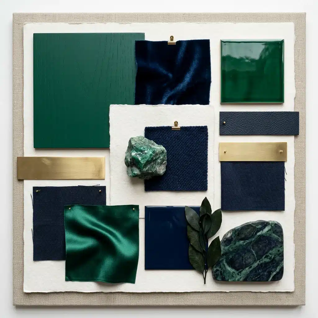 A sophisticated design mood board featuring swatches of deep green and navy blue textiles, brass hardware, glossy green tile, and rough malachite stones mounted on a textured background