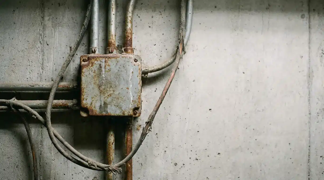 Rusty electrical junction box with exposed cables on a concrete wall in industrial setting