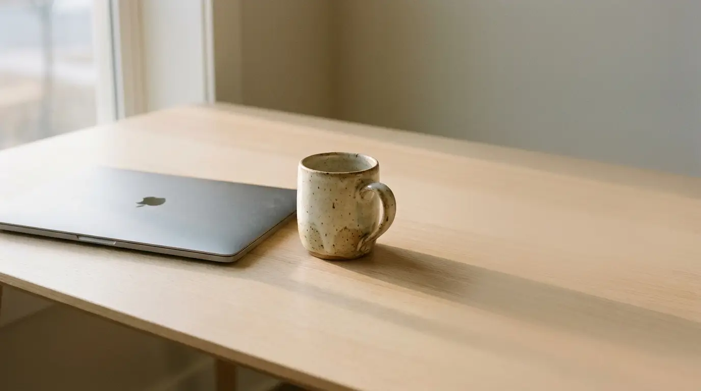 Laptop and ceramic mug on light wooden desk in bright, minimalist room