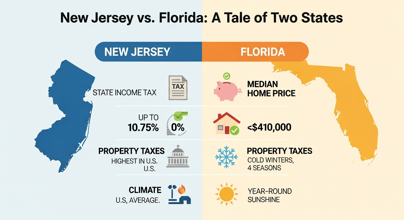 An infographic comparing New Jersey and Florida. It shows New Jersey has a state income tax up to 10.75%, higher median home prices, and the highest property taxes, while Florida has 0% state income tax, lower median home prices, and below-average property taxes.