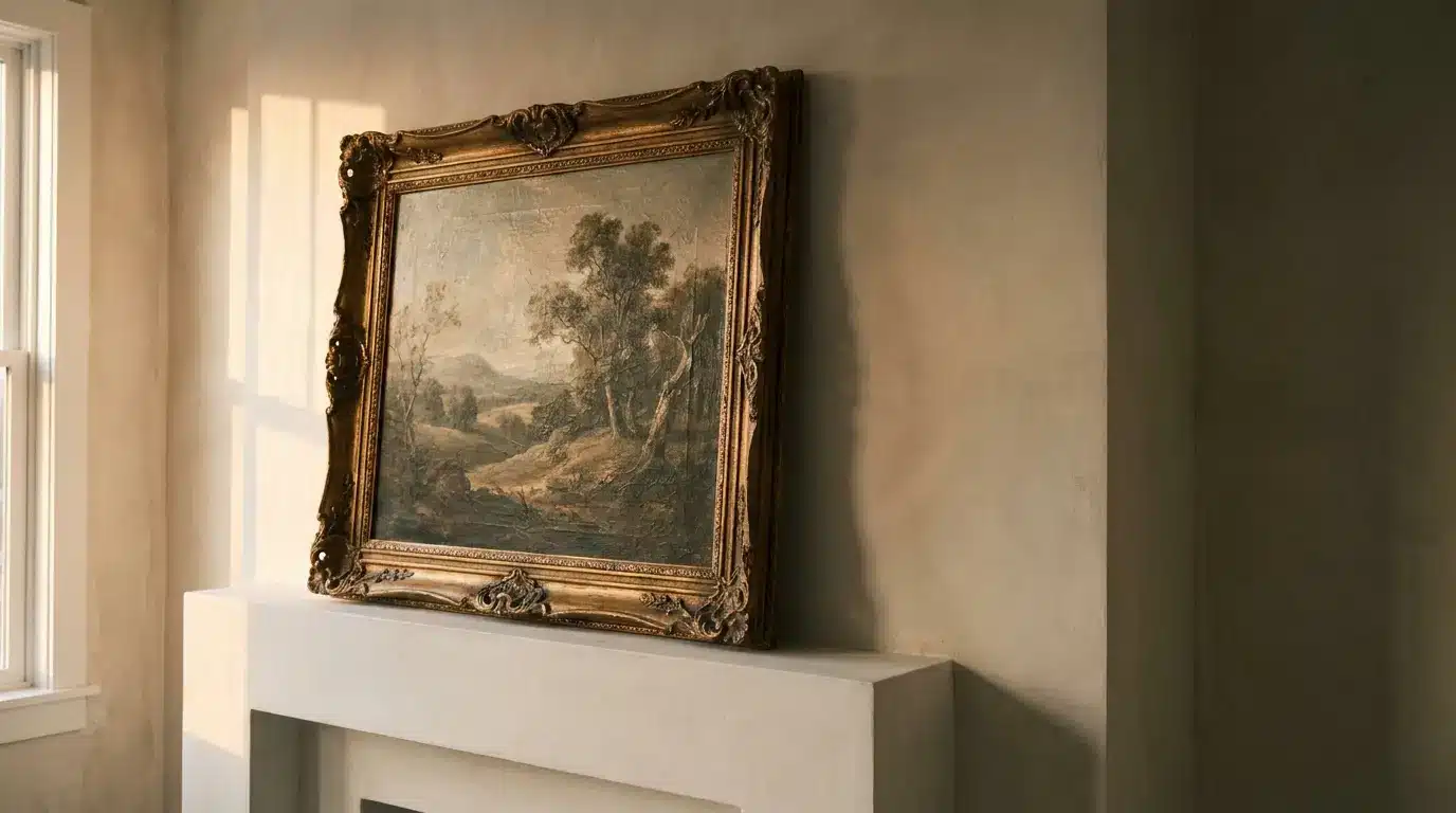 Ornate framed landscape painting resting on a mantel in softly lit room