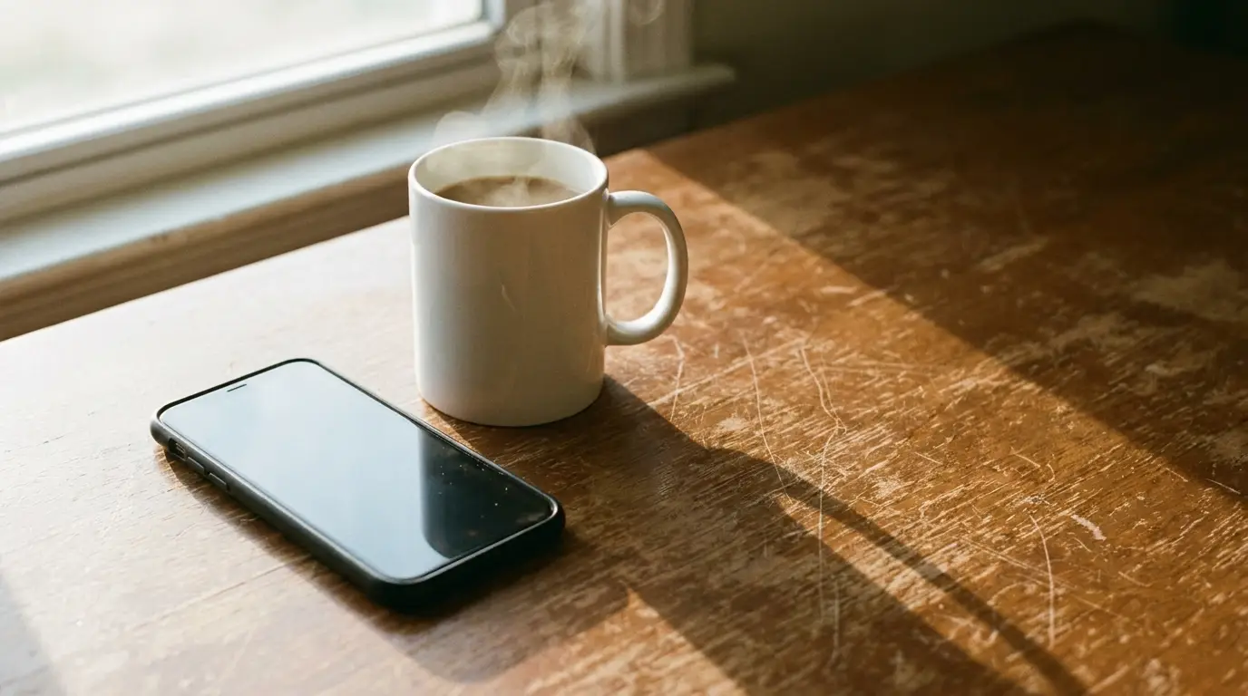Steaming mug of coffee and smartphone on wooden table by window in natural light