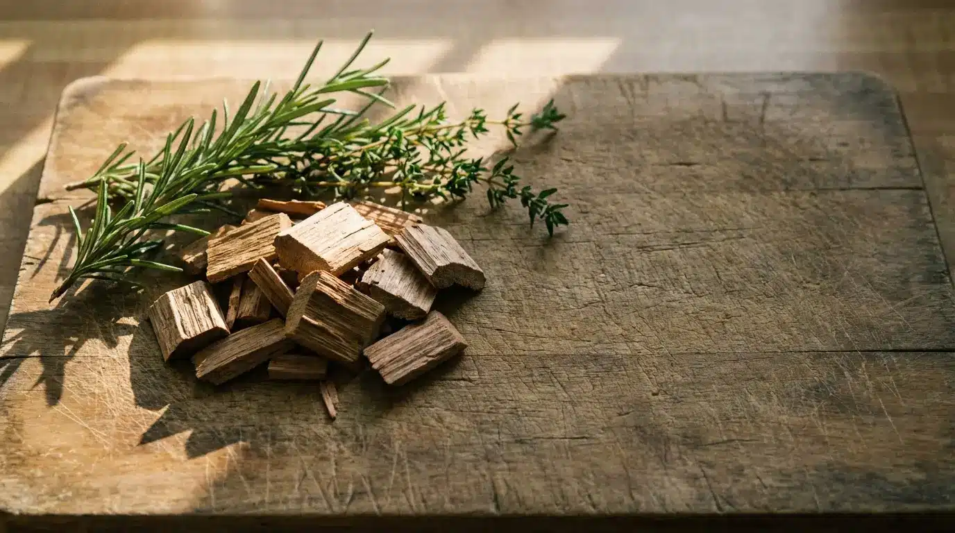 Wood chips and fresh rosemary on rustic wooden cutting board in sunlight