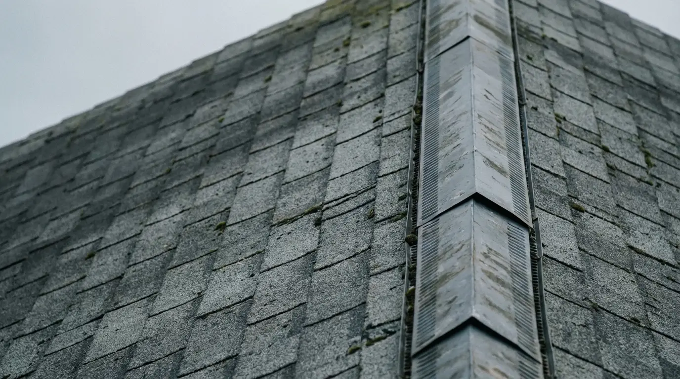 Weathered gray shingle roof with a central metal ridge under overcast sky