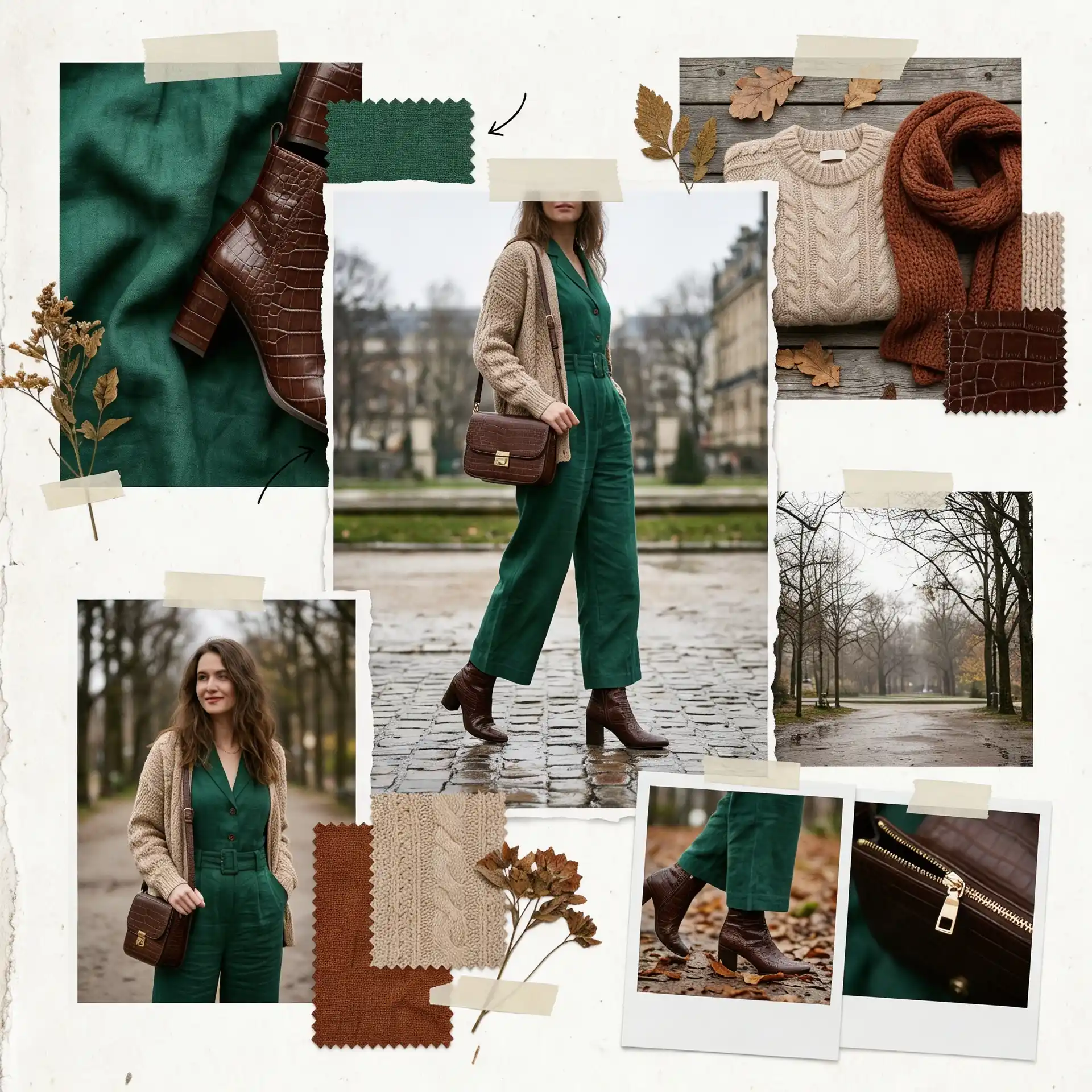 Autumn fashion moodboard featuring a woman in a green jumpsuit and brown boots alongside fabric swatches, accessories, and a park setting