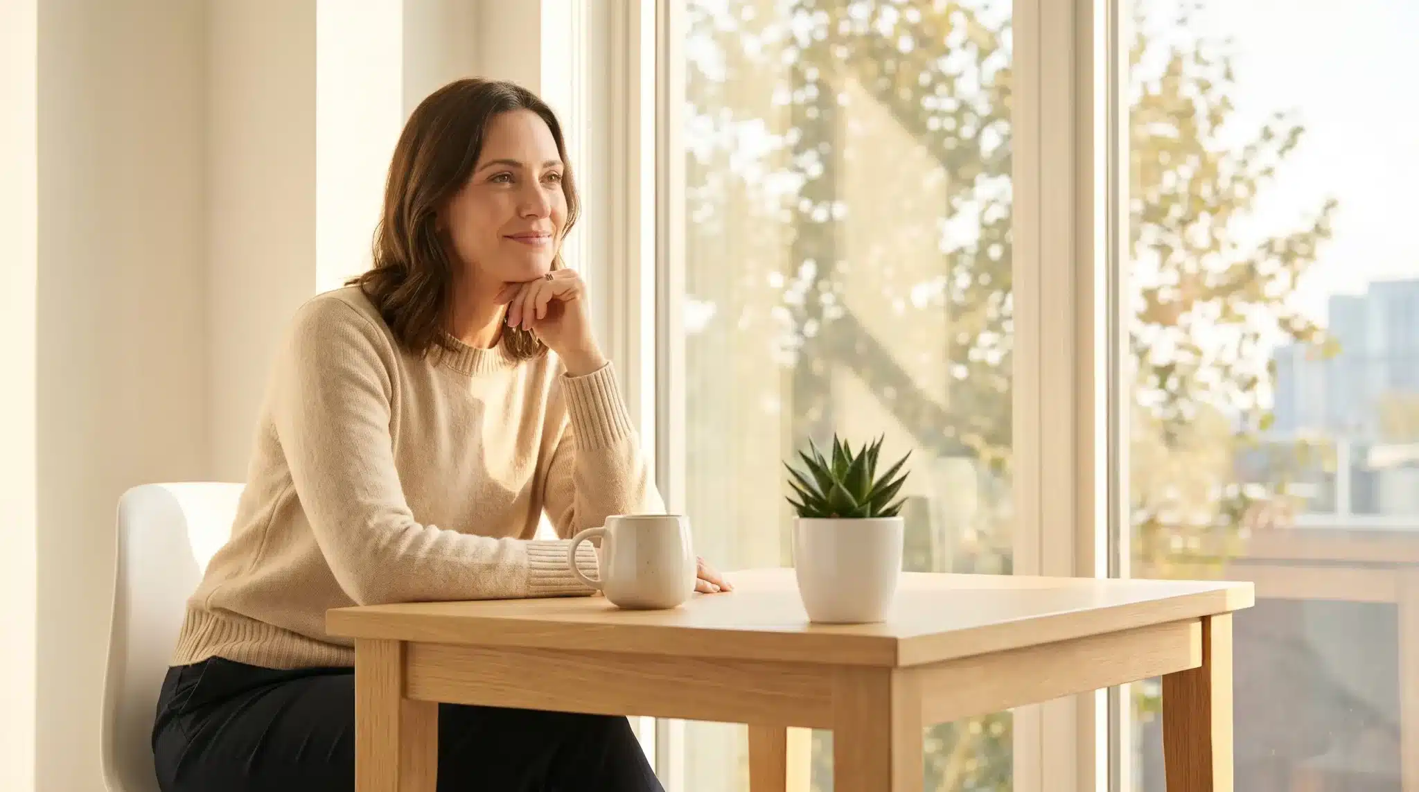 Woman in beige sweater sitting at wooden table with coffee mug and potted plant