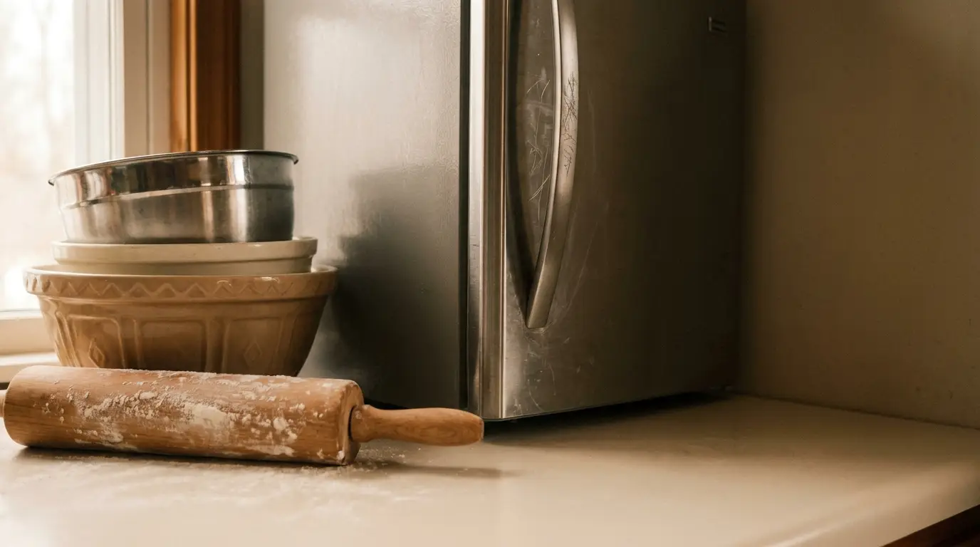 Flour-dusted rolling pin and mixing bowls on a kitchen countertop by stainless steel fridge