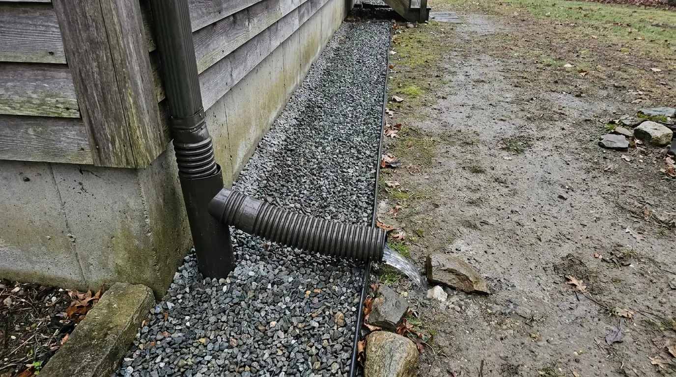 Downspout draining water onto gravel beside wooden building in outdoor setting