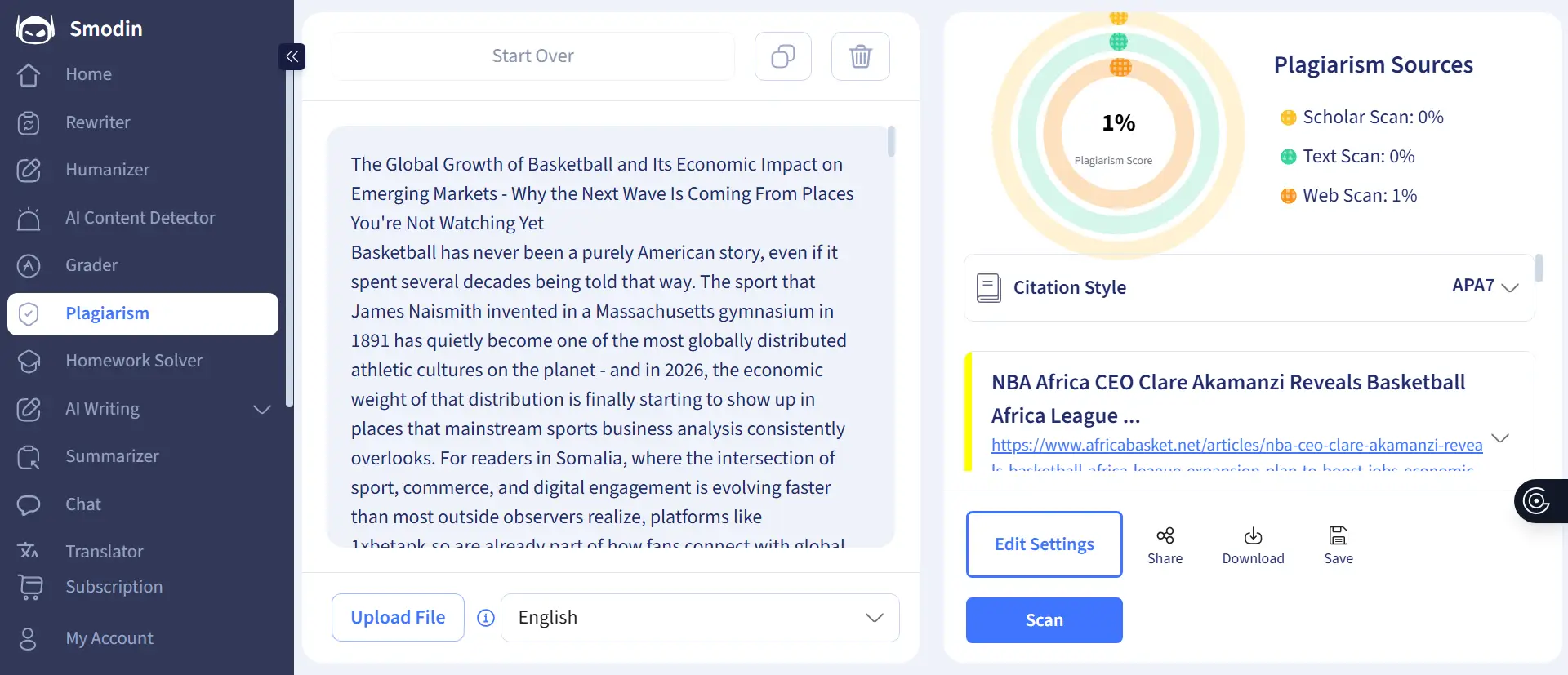 Plagiarism checker interface displaying text scan results and highlighted sources on computer screen
