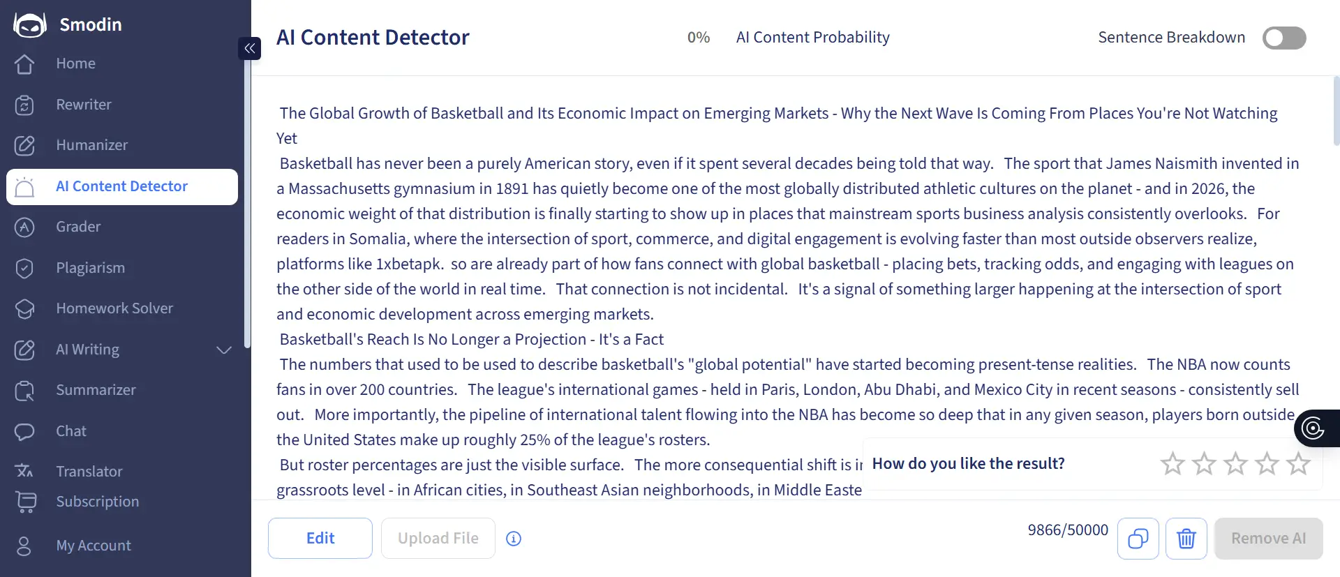 AI content analysis interface displaying text passage under evaluation with navigation sidebar